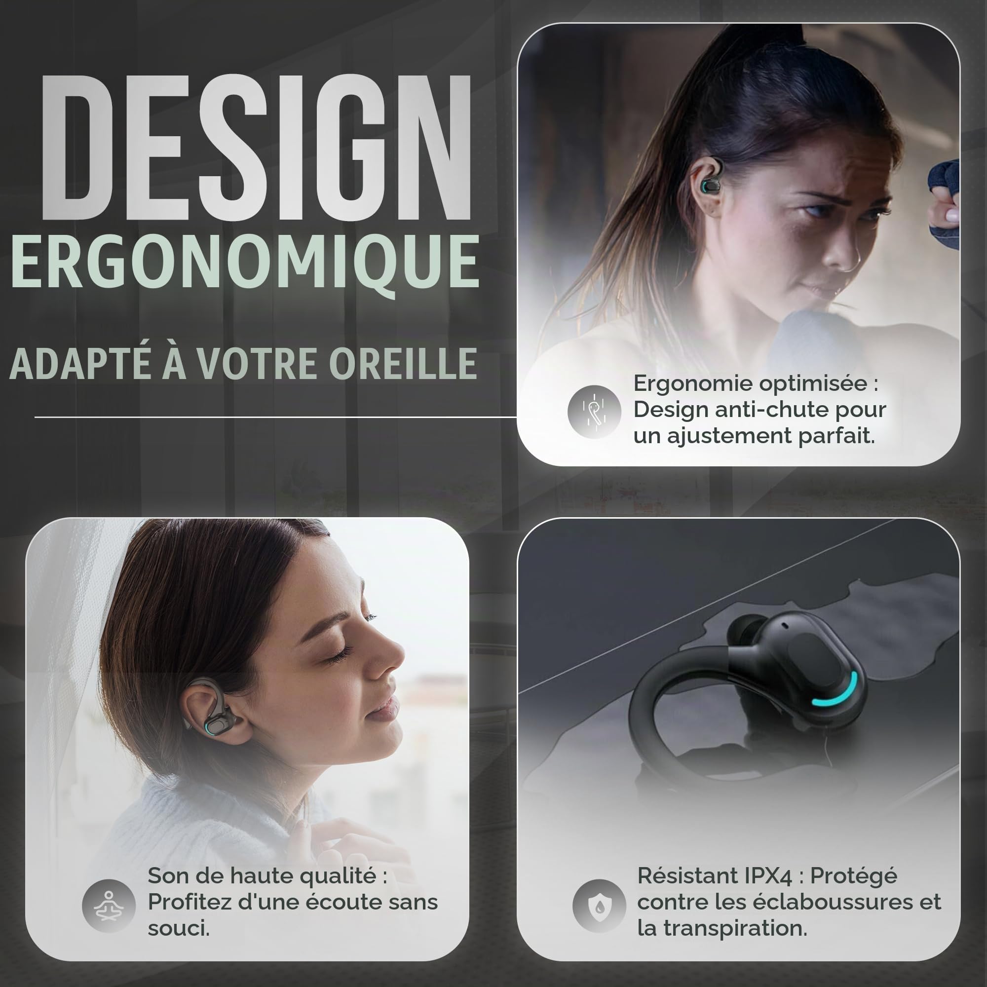 Oreillettes sans Fil Bluetooth 5.2, Universel, Tour d'oreille 360°, Micro Intégré, 60 Heures de Lecture, Batterie 70mAh Chargeur Type-C 300mAh, 8D steréo, Option d'écoute indépendante (Rouge)
