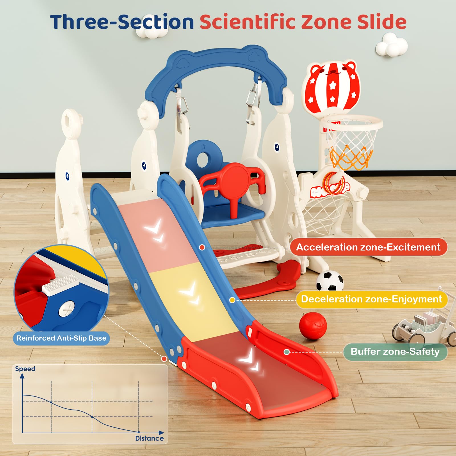 Slide per bambini ispessiti e allargati, scivolo per bambini piccoli indipendente con canestro da basket, attrezzatura per parco giochi con scivolo, scivoli all'aperto (blu rosso-6 in 1)