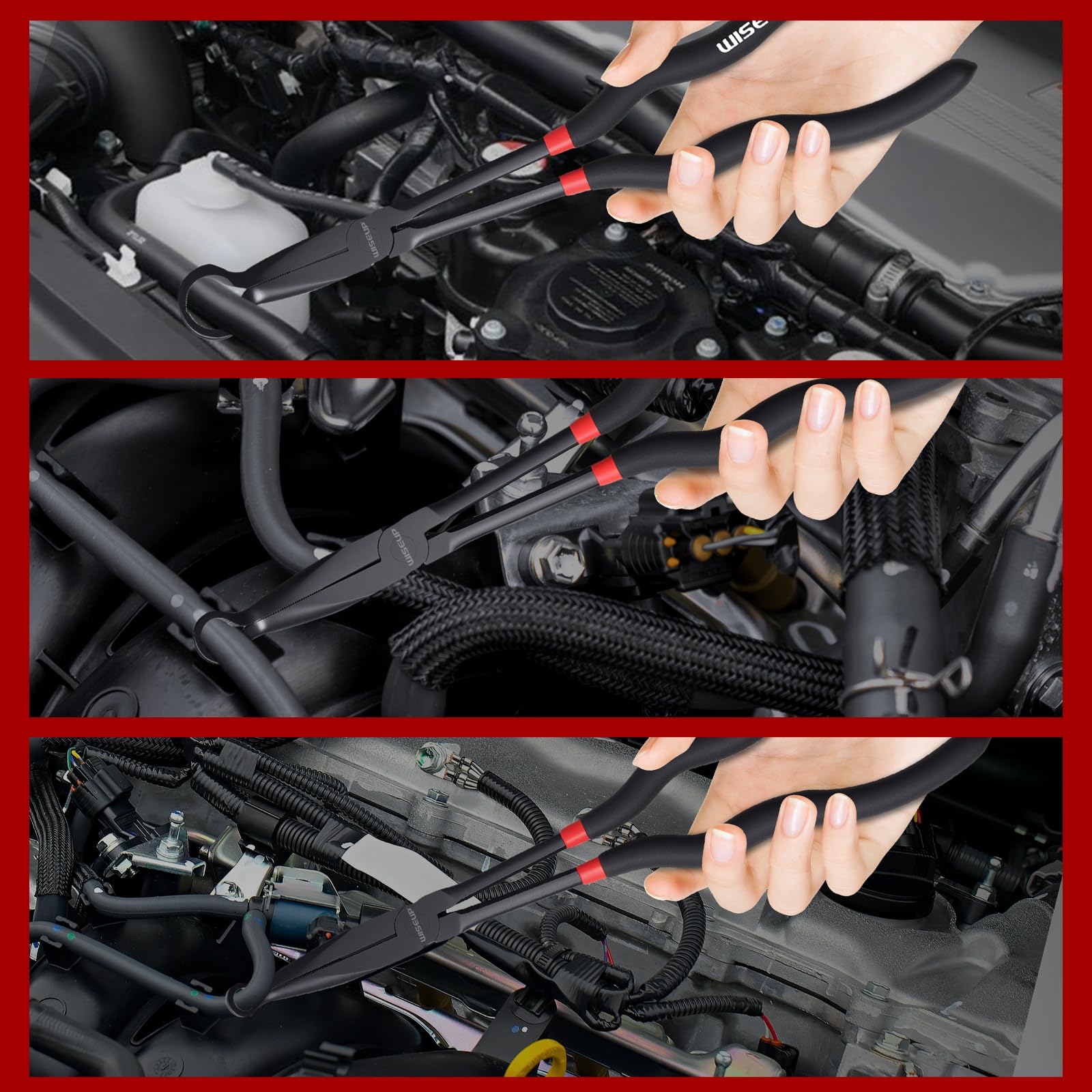 WISEUP 3-Piece 11" Long Reach Hose Grip Pliers Set, 5/16-Inch, 1/2-Inch, 3/4-Inch Dia O-shape nose plier for Easy Removal and Installation of Automotive Hoses and Fitting