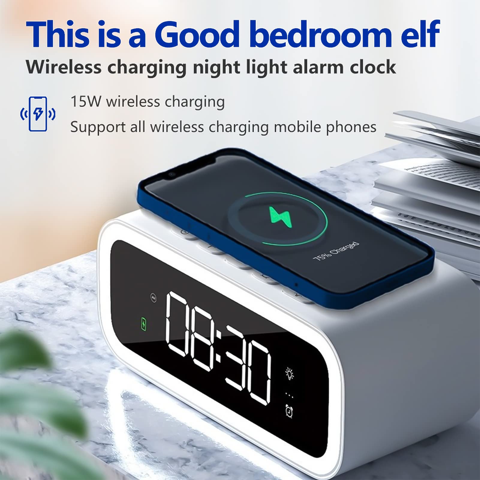 Sveglia con Ricarica Wireless, Orologio elettronico a LED Orologio da Specchio da Tavolo con Sveglia Multifunzionale con Luce Notturna