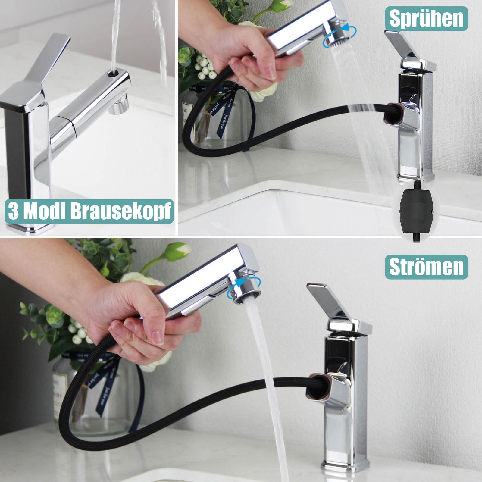 Grifo de baño extensible, alta presión, grifo de lavabo con ducha extraíble, grifo SEMANEY para baño con 3 tipos de chorro, monomando para lavabo, cromado