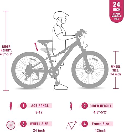 Miniatura 3 de Bicicleta de montaña de 24 pulgadas para niños de 9 a 12, Shimano rosa de 6 velocidades con suspensión delantera y frenos de disco, bicicleta de