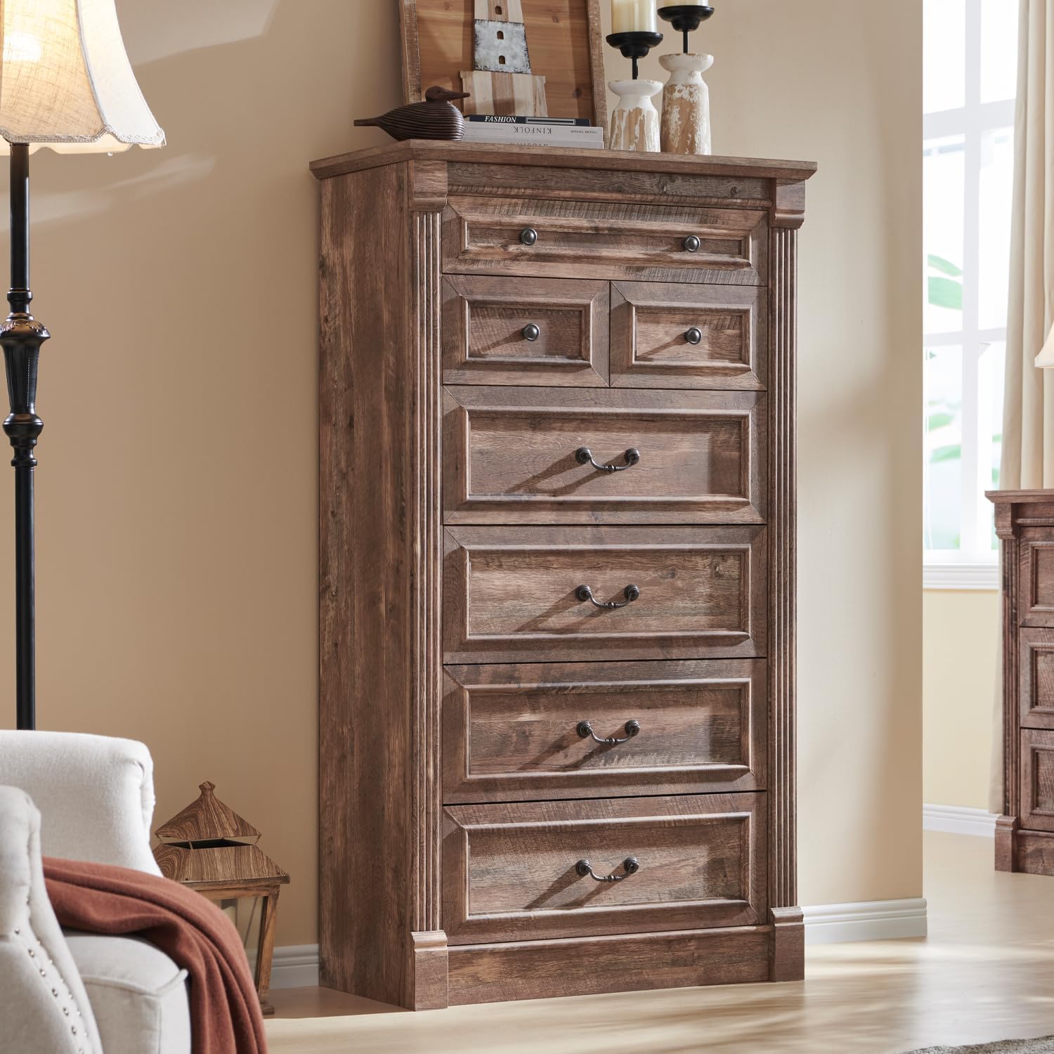 Farmhouse 7 Drawers Dresser for Bedroom, 57" Tall Large Dressers & Chests of Drawers w/Roman Column, Storage Dressers Organizer for Bedroom, Hallway, Living Room, Light Brown