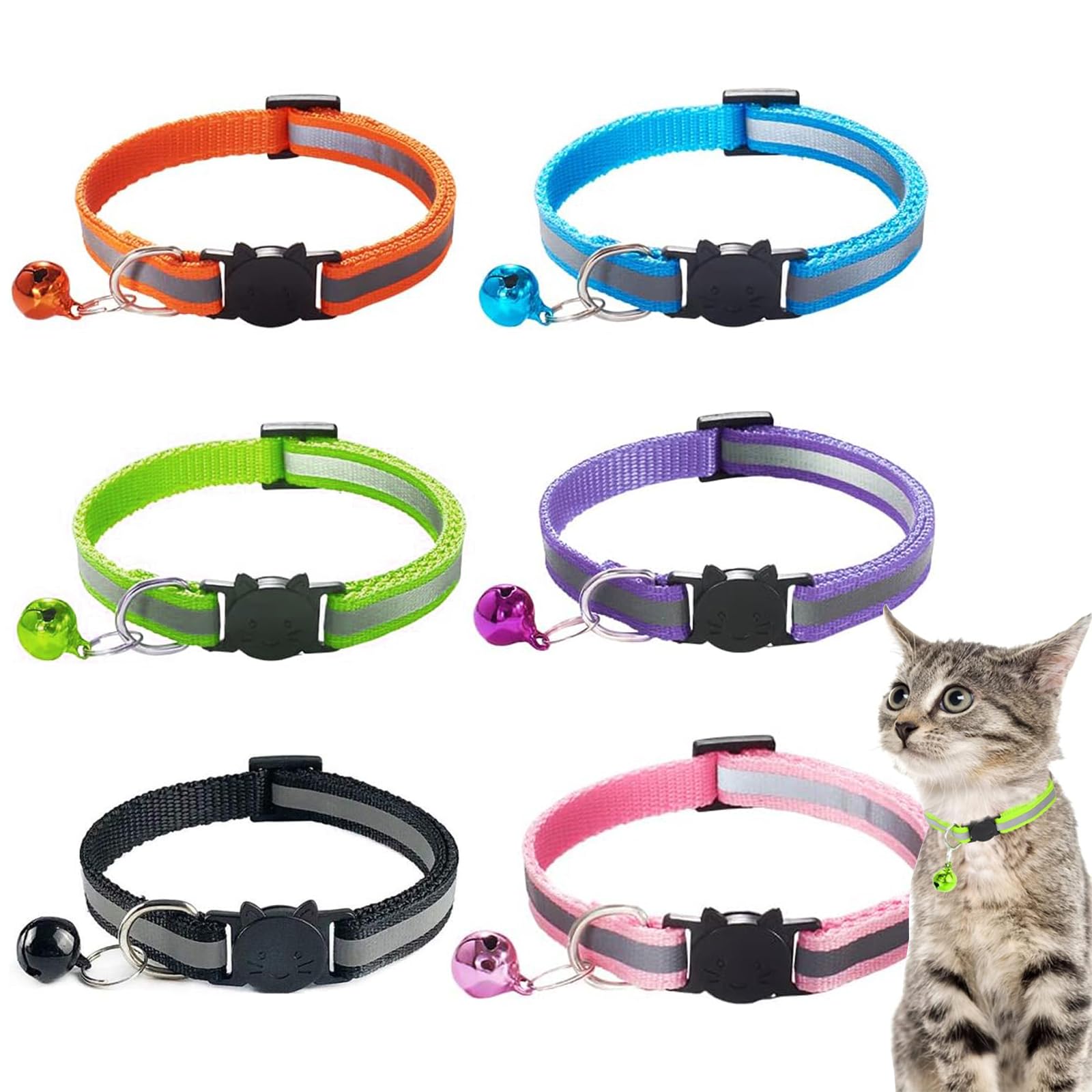 RTRTGS 6 Piezas Collar Gato Collar Reflectante Gato Seguridad Ajustable con Hebilla de Seguridad Collar Campana Gato,Collar Gato Pequeño Personalizado