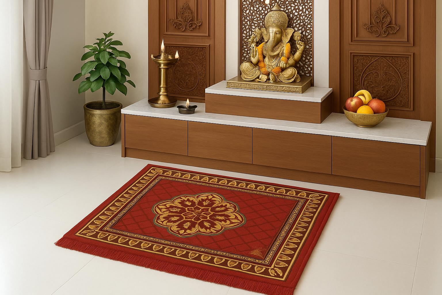 Bless Berries Velvet Prayer Mat 24x24 Inch – Printed Square Shape Aasan for Pooja Mandir, Temple Prayer Cloth, Floor Sitting Mat for Meditation, Worship & Home Temple Use (Red, Pack of 1)