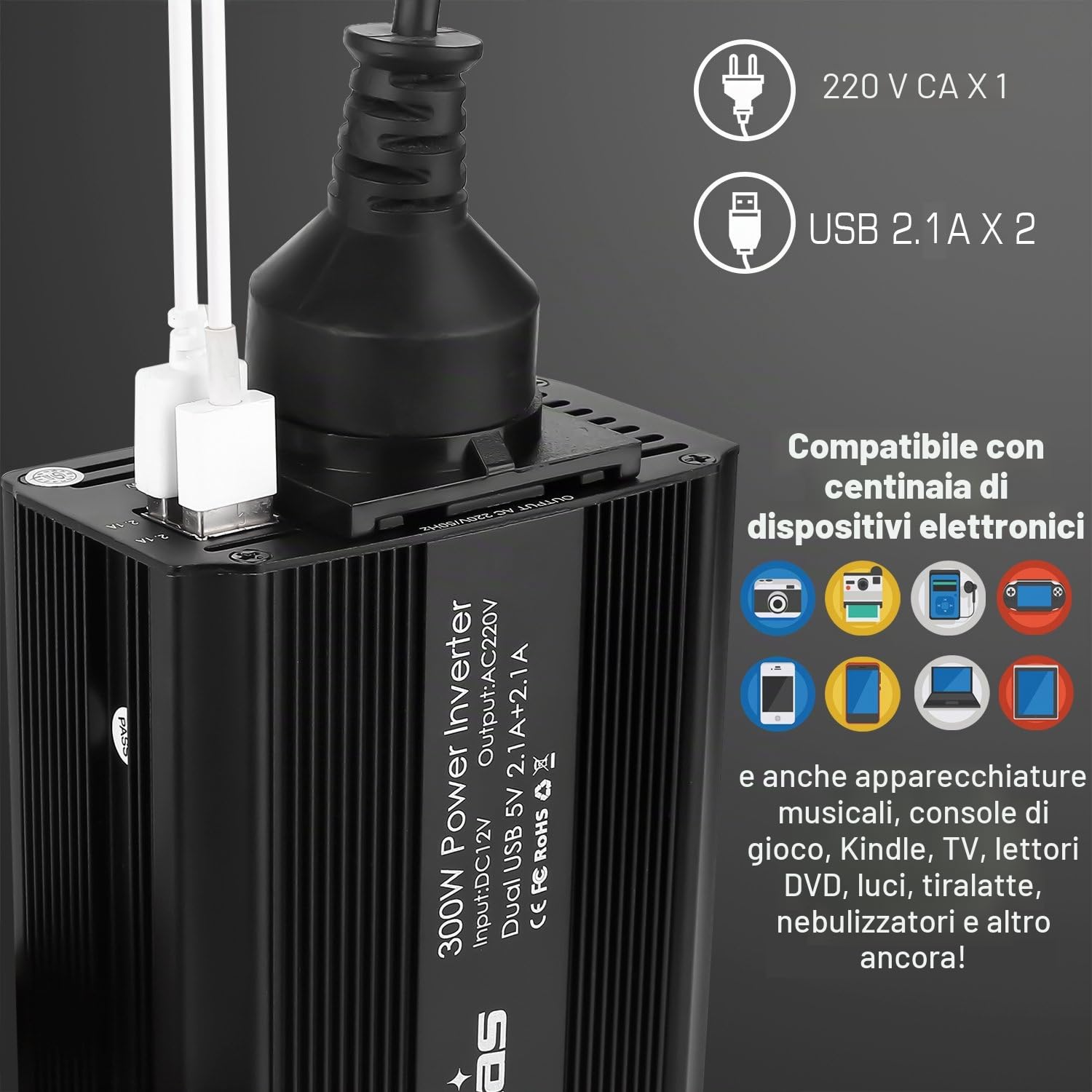 300W Power Inverter da Auto DC 12V a 220-240V AC, 2 Porte USB 4.2A