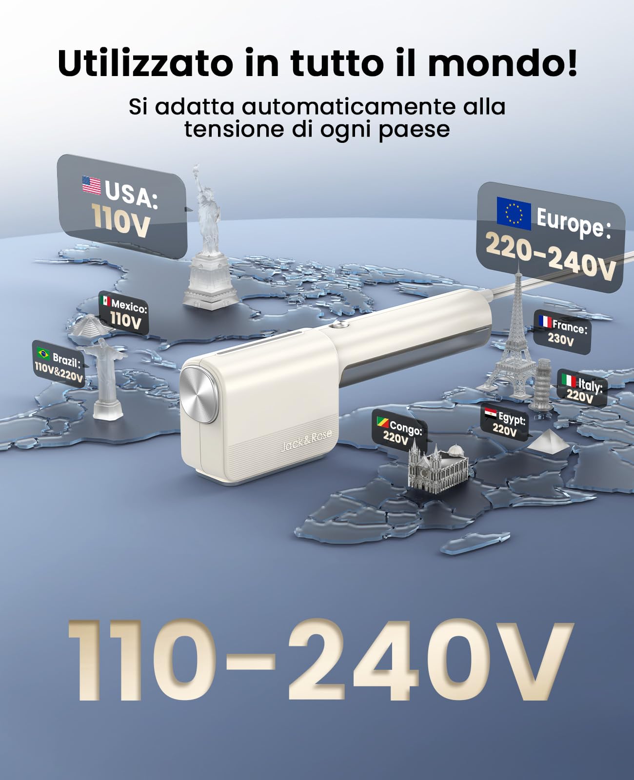 Jack & Rose Piastra a vapore per viaggi, ultraleggera e portatile, riscaldamento rapido 15s, 110-240 V, doppia tensione, 1000 W, ferro da stiro a vapore 2 in 1, mini ferro da stiro da viaggio