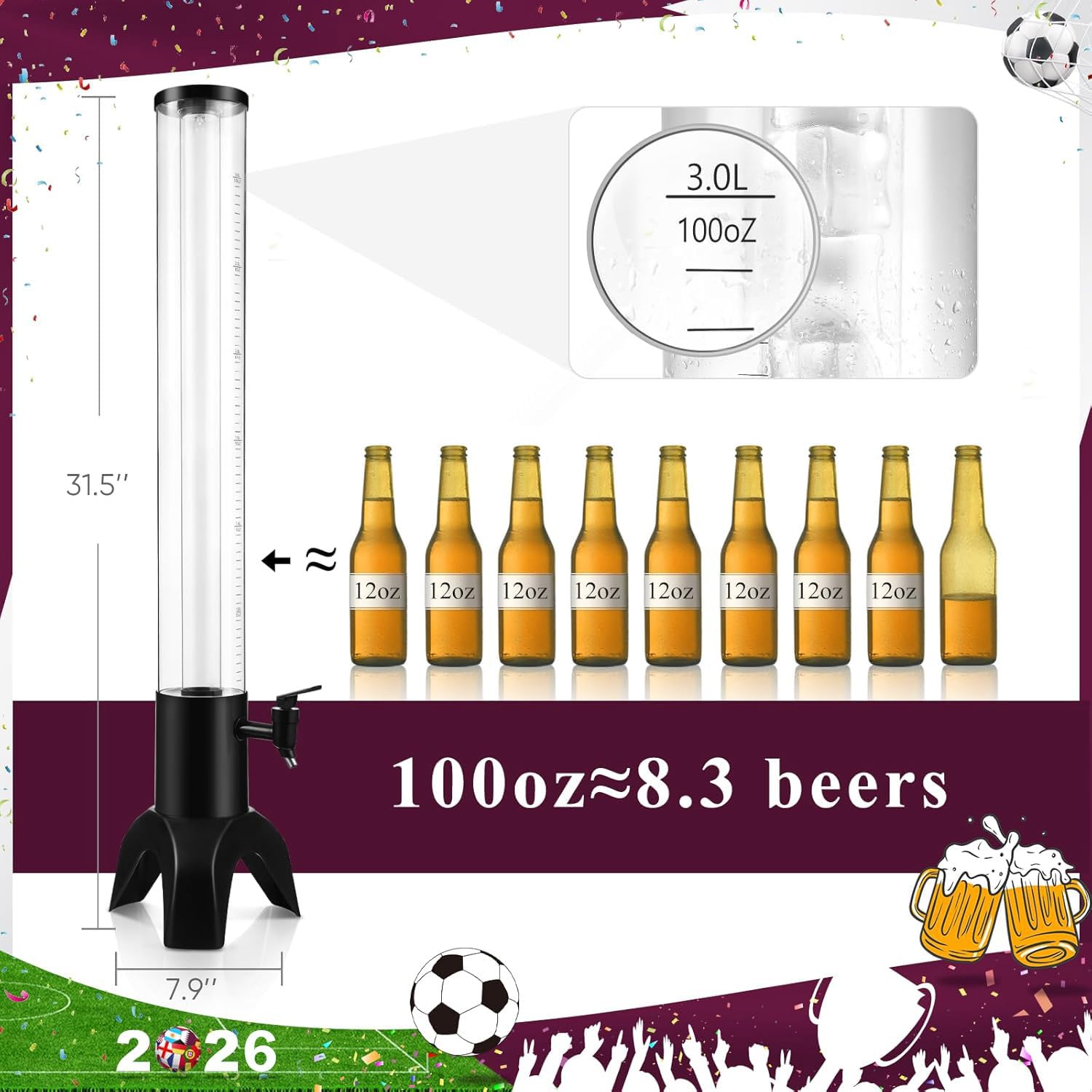 Torre de cerveza, dispensador de torre Mimosa de 3 l/100 onzas con tubo de hielo y luz LED, dispensador de cerveza de mesa de 3.2 cuartos de galón/3 L para fiestas, bares, bares, restaurantes