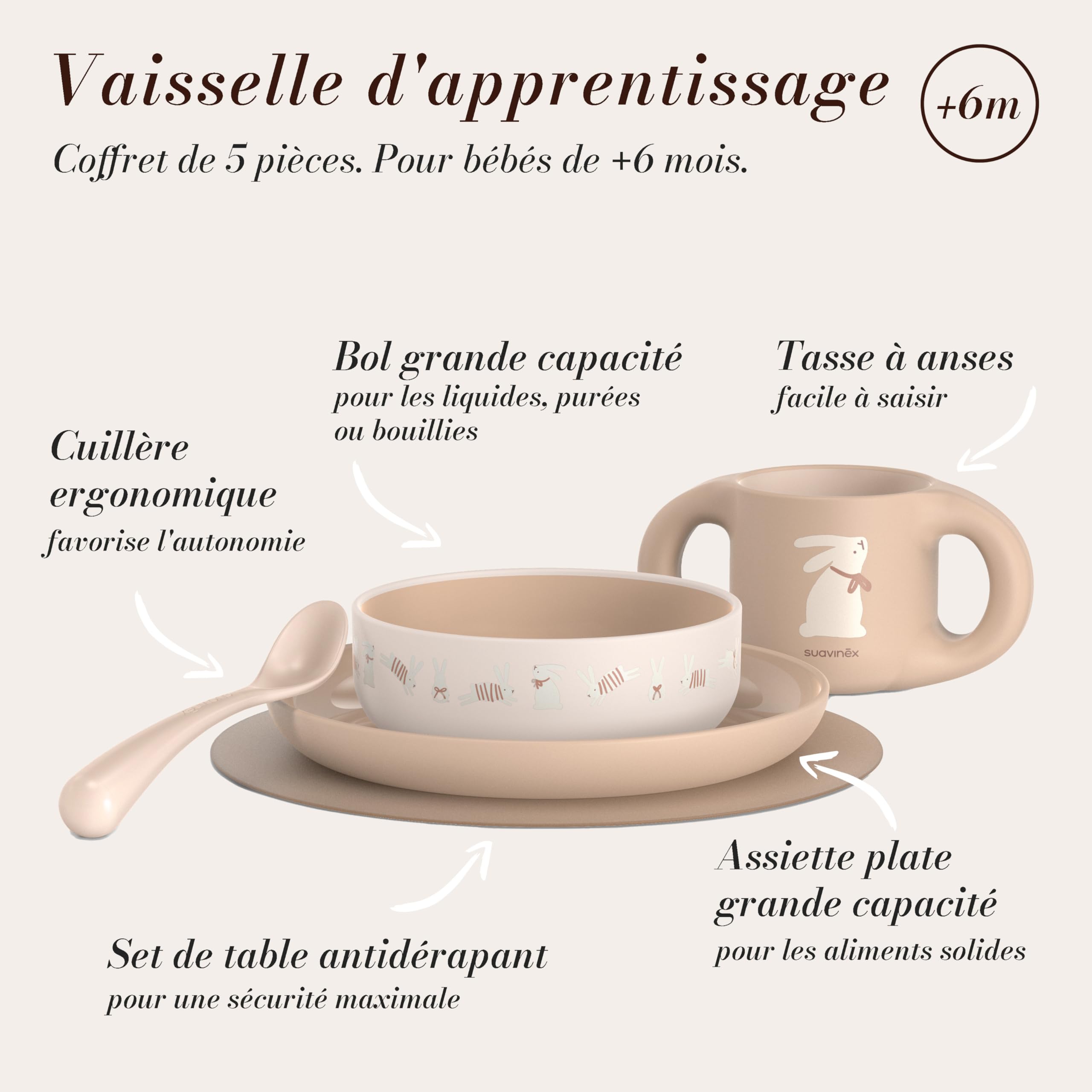 Suavinex, Set Vaisselle Bébé. Coffret Repas Enfant, 5 pièces. Comprend : Assiette + Bol + Tasse + Cuillère + Nappe Antidérapante. 6+ Mois. Durable, Apte pour le lave-vaisselle, Micro-onde. Rose