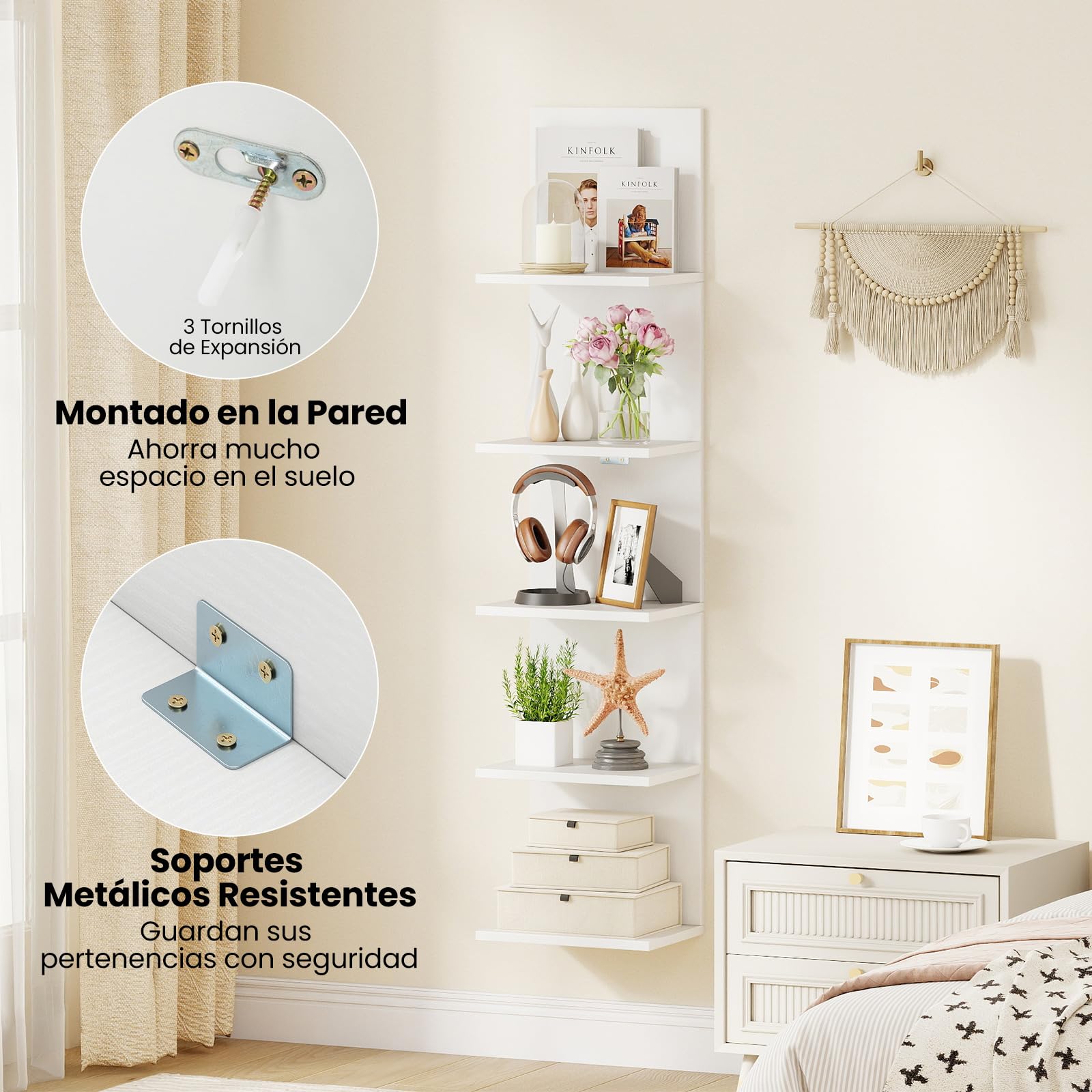 COSTWAY Estantes de Pared de 5 Niveles, Estantería Vertical Flotante, Organizador de Madera para Colgar en la Pared para Dormitorio, Sala de Estar, Baño, 30 x 21,5 x 129 cm (Blanco)