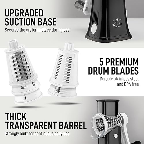 Miniatura 7 de Zulay Kitchen Rallador rotativo de queso de 5 cuchillas, rallador de queso manual de manivela con succión reforzada y 5 tambores intercambiables,