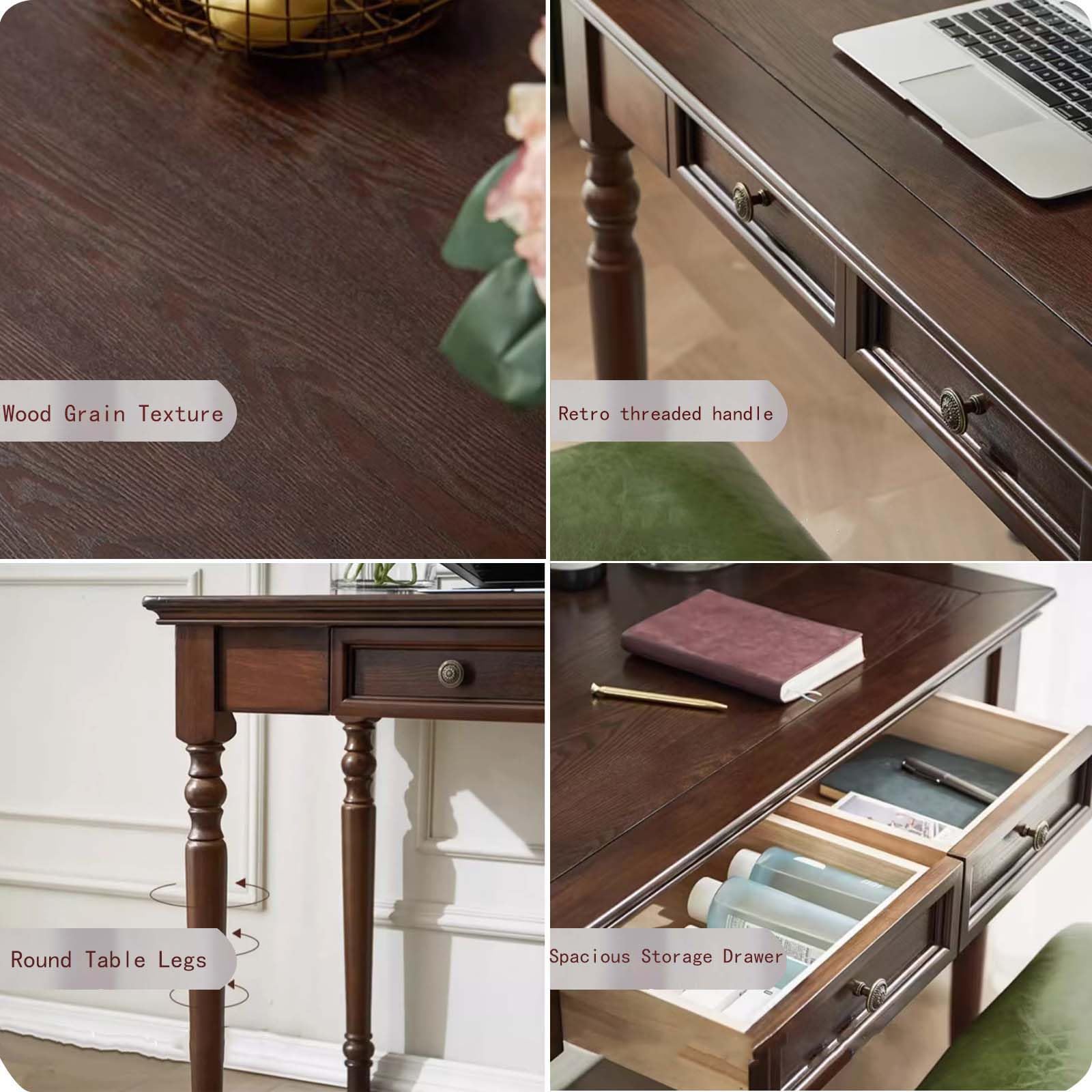 Schreibtisch aus Massivholz mit Schubladen, 120 cm,Walnussfarben | Französischer Landhausstil, ideal für Zuhause, Wohnzimmer, Arbeitszimmer oder Büro