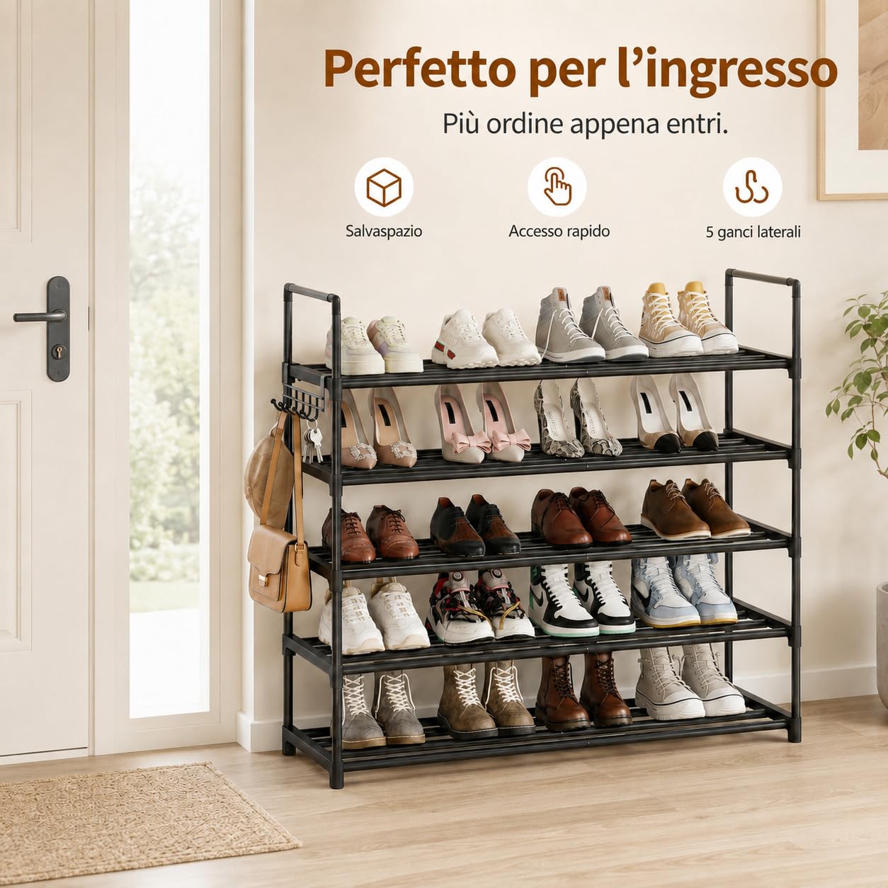 Scarpiera a 5 livelli, in metallo, scarpiera, organizer per scarpe, colore: nero, 5-TIER2