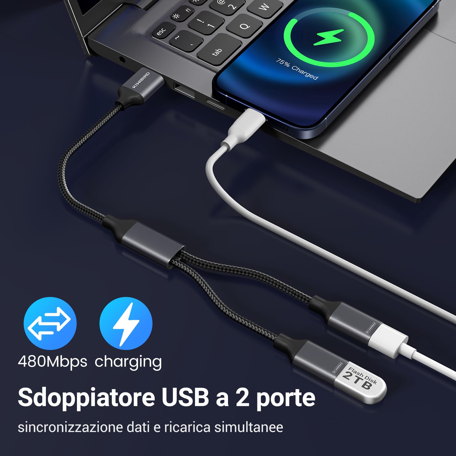 KiWiBiRD sdoppiatore splitter USB, cavo USB doppio, doppia presa estensione ricarica per alimentazione dati, adattatore USB2.0 maschio femmina compatibile con PC stampante mouse tastiera TV PS5 Mac