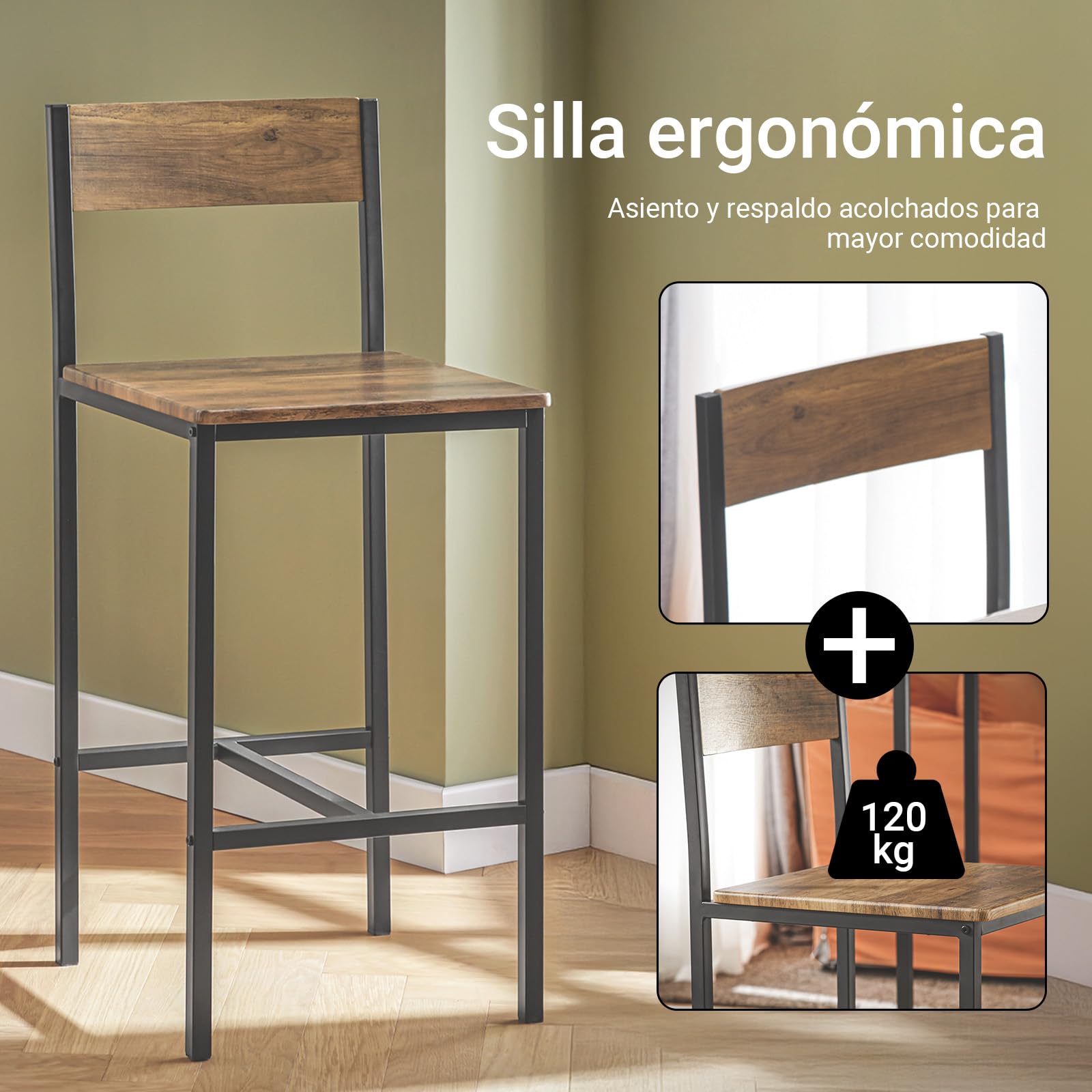 SoBuy Conjunto Mesa Alta de Cocina con 2 taburetes Altos – Mesa Barra Cocina 100 cm Altura – Ahorra Espacio para Comedor pequeño o balcón – Estilo Industrial Madera y Metal OGT03-XL