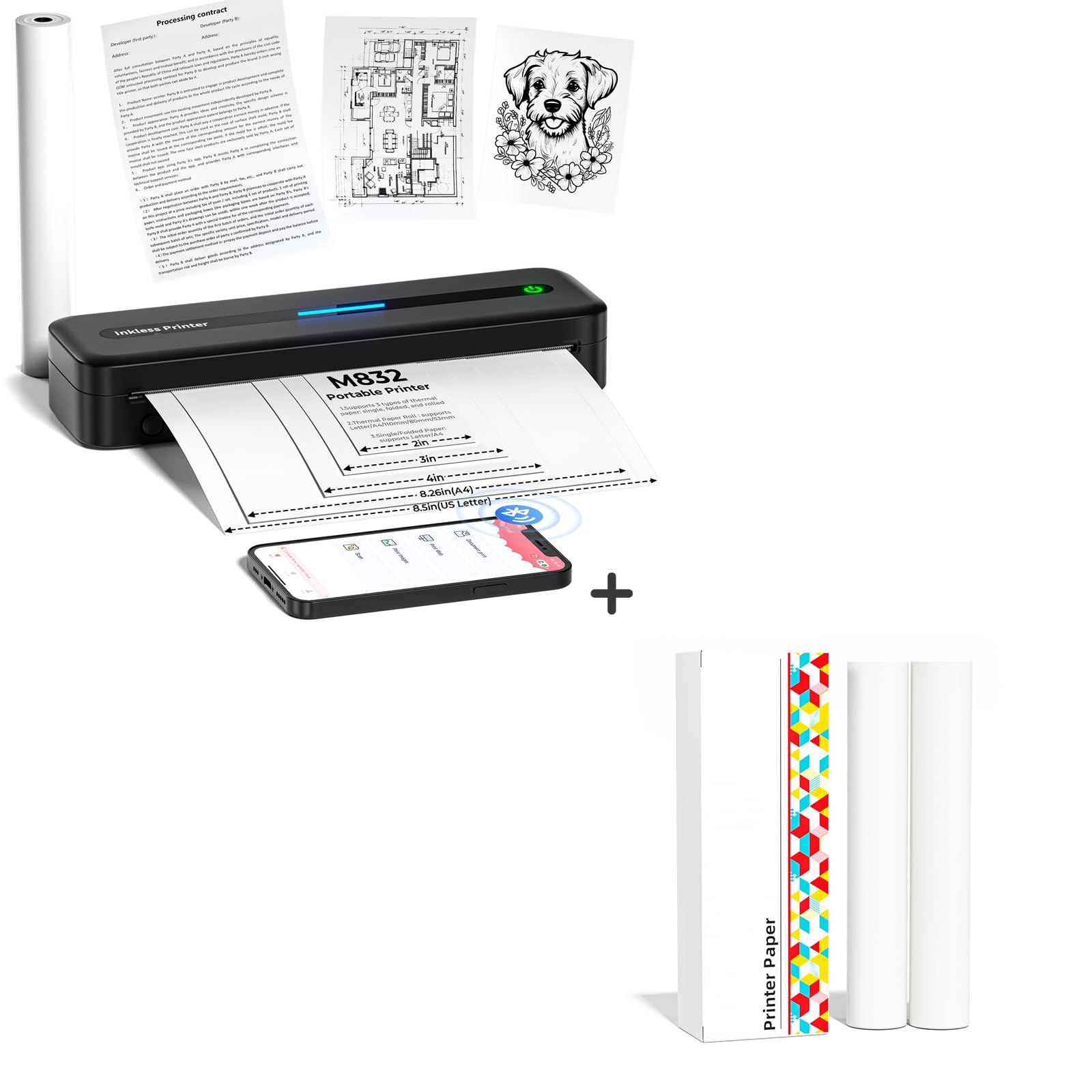 Portable Printers Wireless Travel M832, Upgrade Inkless Thermal Printer + Thermal Printer Paper 8.5 x11 inch, 2 Rolls