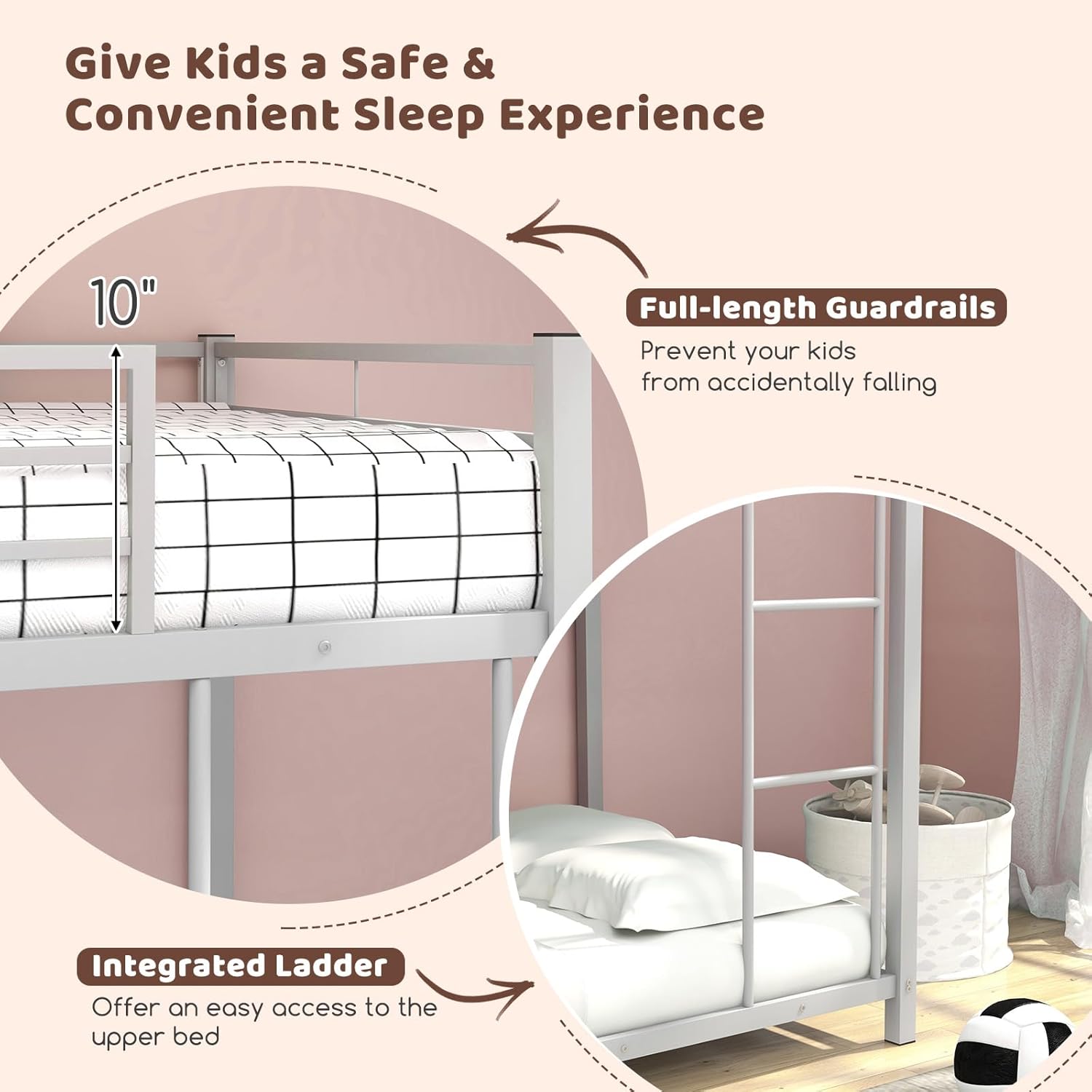 Giantex Twin Over Twin Metal Bunk Beds, Heavy Duty Bed Frame with Safety Guard Rail & Ladder, Low Floor Bunk Bed for Boys Girls Adults Dormitory Bedroom, Noise Free, No Box Spring Needed (Silver)