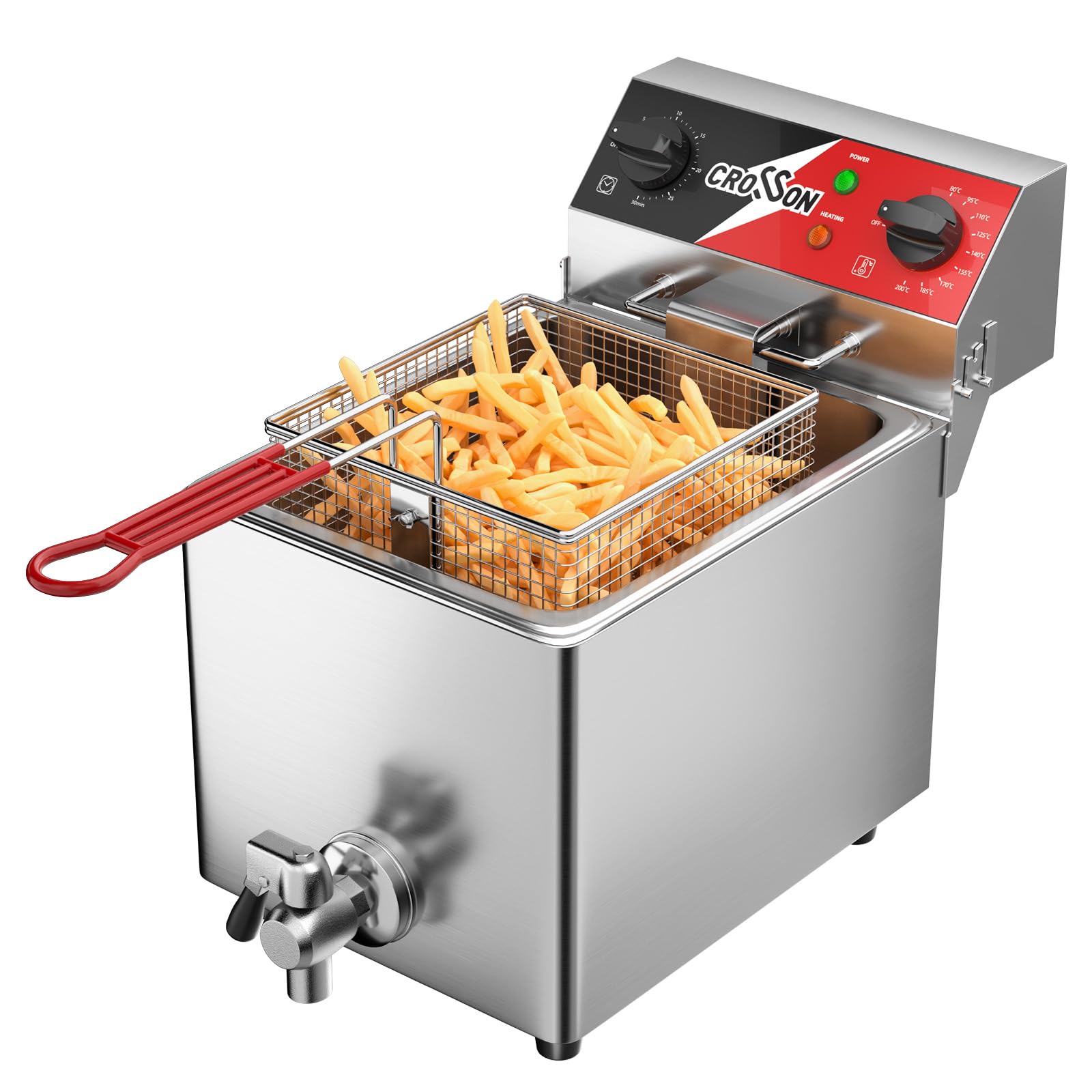 CROSSON Commercial Deep Fat Fryers 6L with Drain Tap,Stainless Steel Electric Countertop Oil Fryer with 30 Minitues Timer,Adjustable Temperature,Removable Oil Tank,230V/2500W