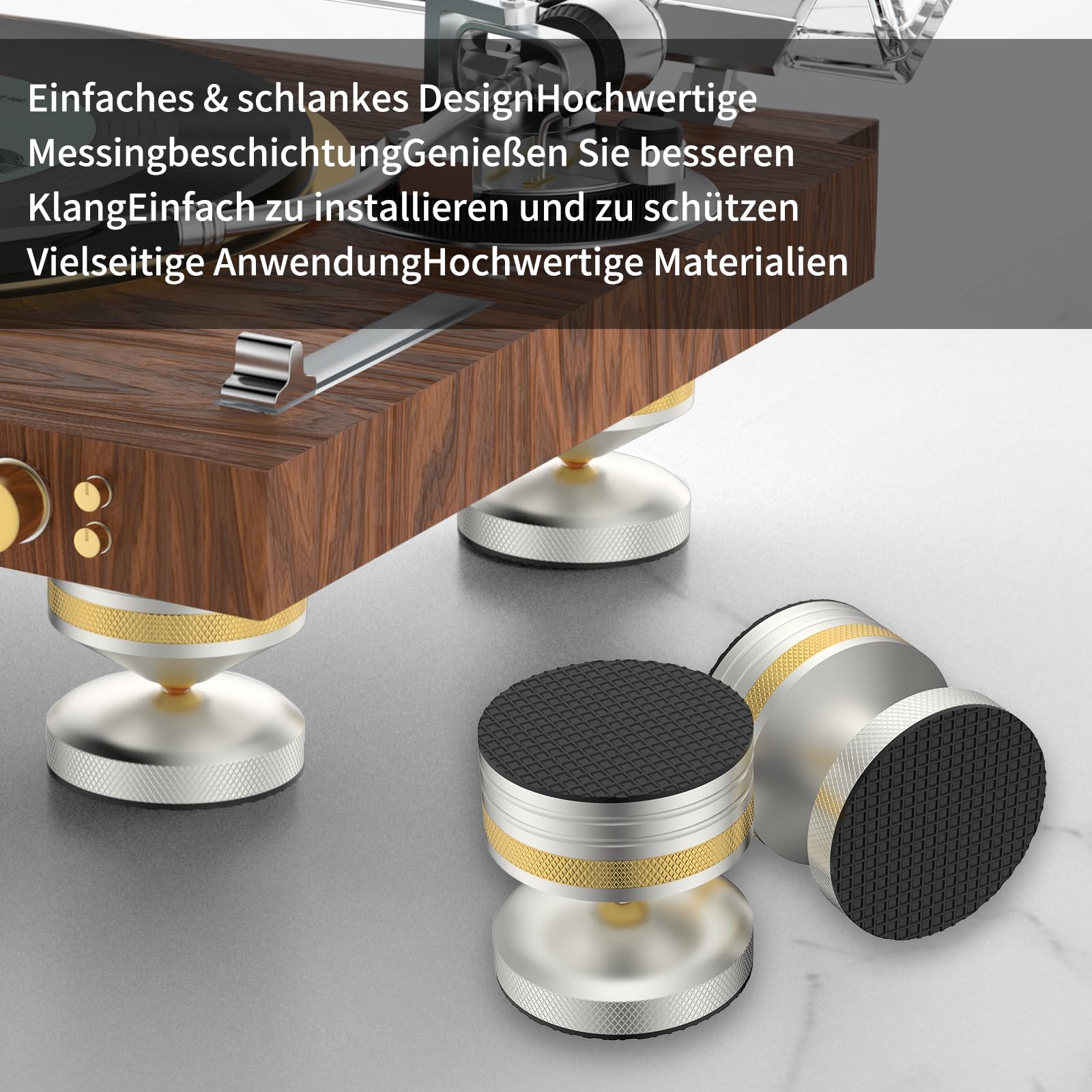 Tertullus 4 punte per altoparlante HiFi 39 x 33 mm, cuscinetti isolanti in alluminio, ammortizzatore, regolabile in altezza, per amplificatori, giradischi, dispositivi DAC – argento