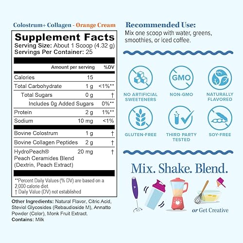 Miniatura 2 de Colostrum colágeno en polvo péptido hidrolizado HydroPeach Salud intestinal y apoyo inmunológico  0.04 oz de calostro bovino, 0.07 oz de péptidos de