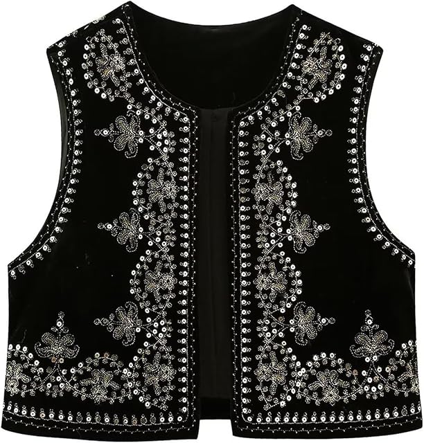 Women Vest Vintage Floral Embroidered Crop Vest Casual National Open Front Sleeveless Cardigan Outerwear Gilet Streetwear