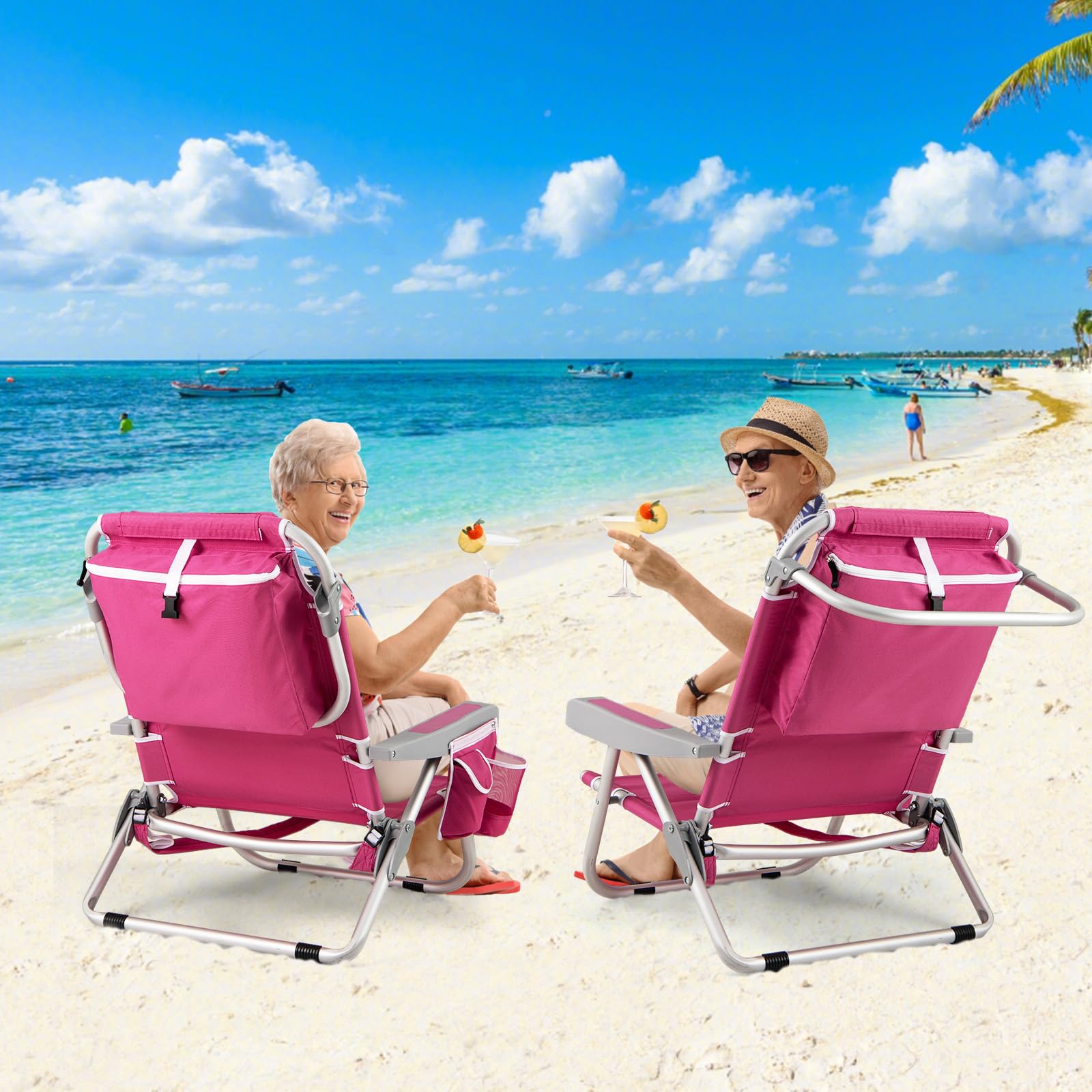 KOMFOTTEU Sedia da Spiaggia Pieghevole, Spiaggina con Schienale Regolabile in 5 Posizioni, Sdraio Mare con Poggiatesta, Lettino Prendisole con Tasca Laterale, Carico 150 kg，Rosa：1