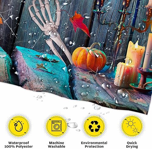 Miniatura 3 de Funnytree Cortina de ducha de madera de terror de calavera de Halloween de 72 x 72 pulgadas para decoración de baño, lavable a máquina (ganchos no