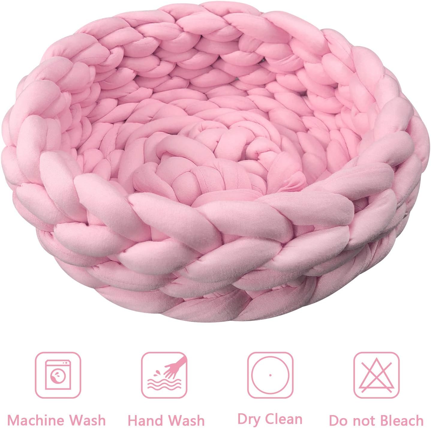 Lucky Monet Cotton Knitted Round Pet Basket Bed for Cats and Dogs - Cute Boho Warm Woven Nest for Puppy, Kitten (11.8", Pink)