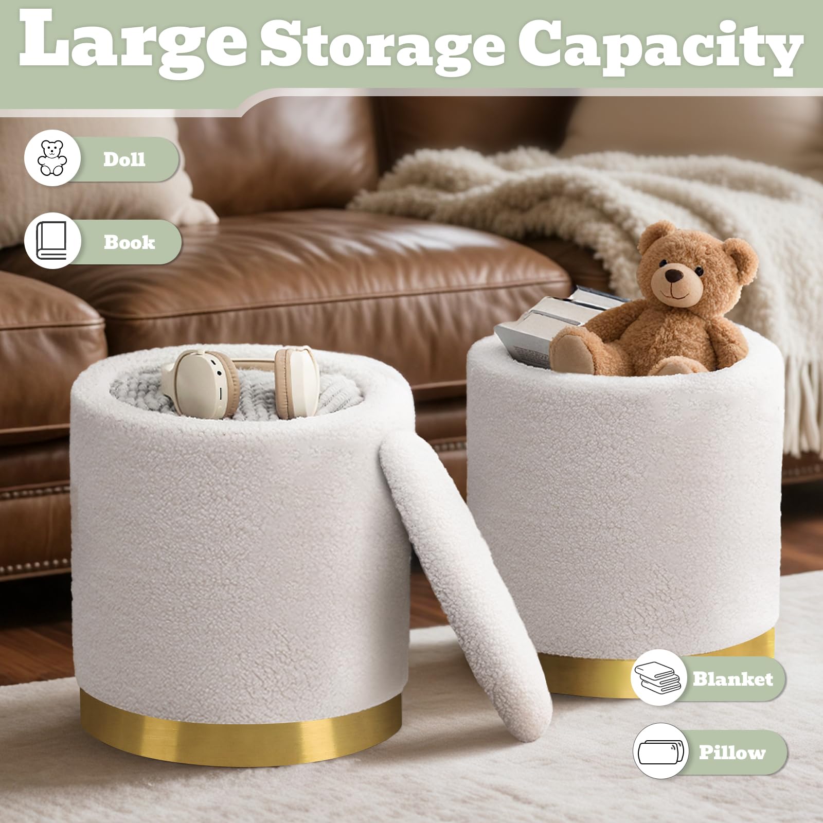 Joveco Boucle Round Storage Ottoman with Removable Lid, Small Upholstered Foot Rest Stool with Gold Plating Base, for Dorm Living Room Bedroom, White