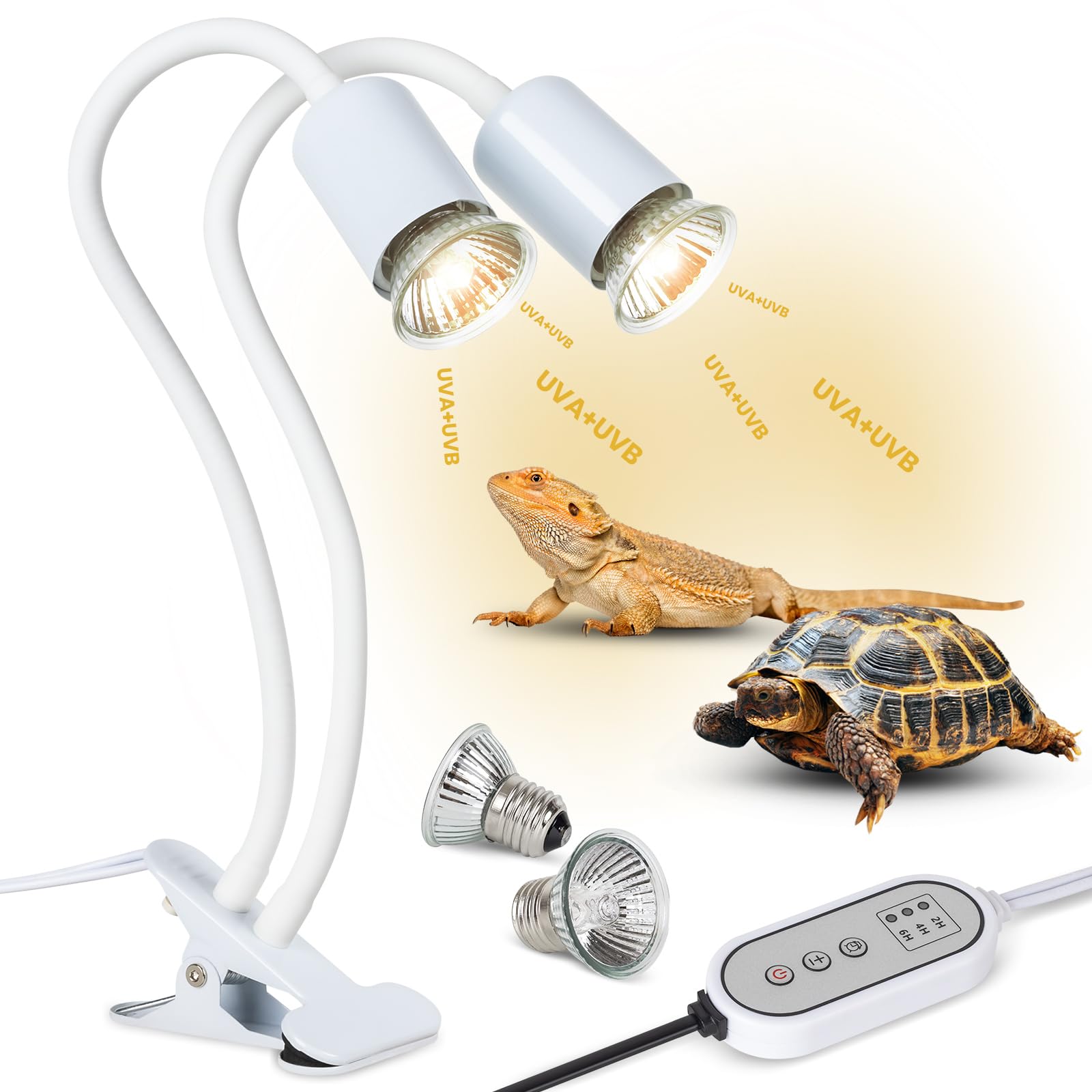 testyu Lámpara para Tortuga de Dos Cabezas, 25W+50W Lámpara de Calor de Reptil E27, UVA+UVB Lámpara Tortugas de Agua con 2 Bombillas de Luz Solar para Tortuga Lagartos Serpientes Camaleones - Blanco