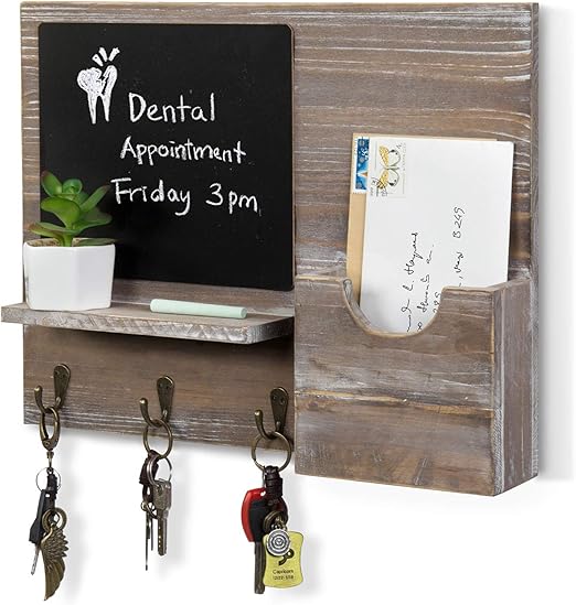 MyGift Rustic Brown Wood Wall Mounted Mail Holder and Key Organizer Rack with 3 Hooks, Small Chalkboard Memo Board and Display Ledge for Entryway, Office, Home Office, Dorm Room