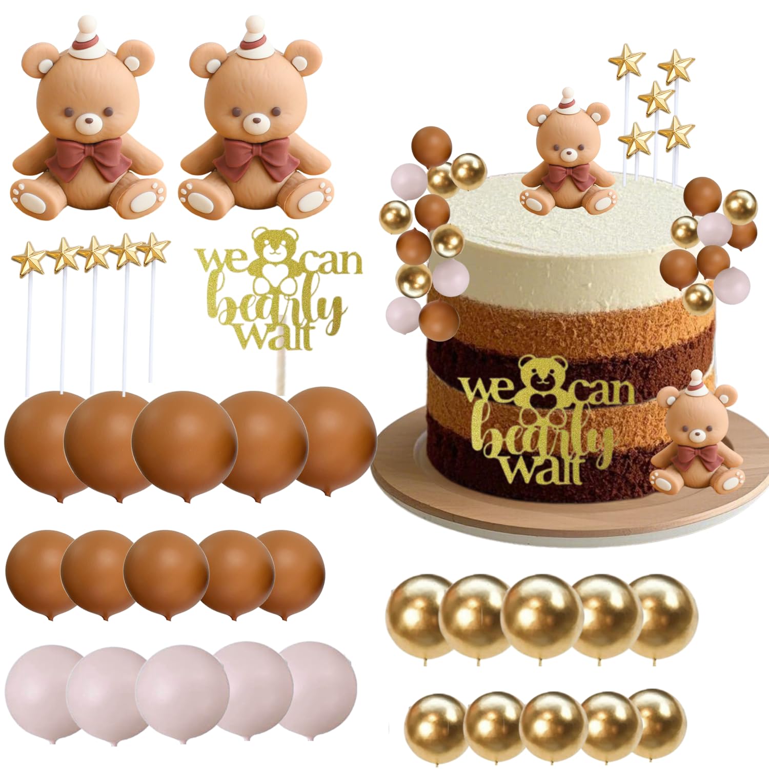 ALISSAR 33Pcs Bear Cake Toppers for Baby Shower with Balls, We Can Bearly Wait Cake Topper, Bear Baby Shower Decorations