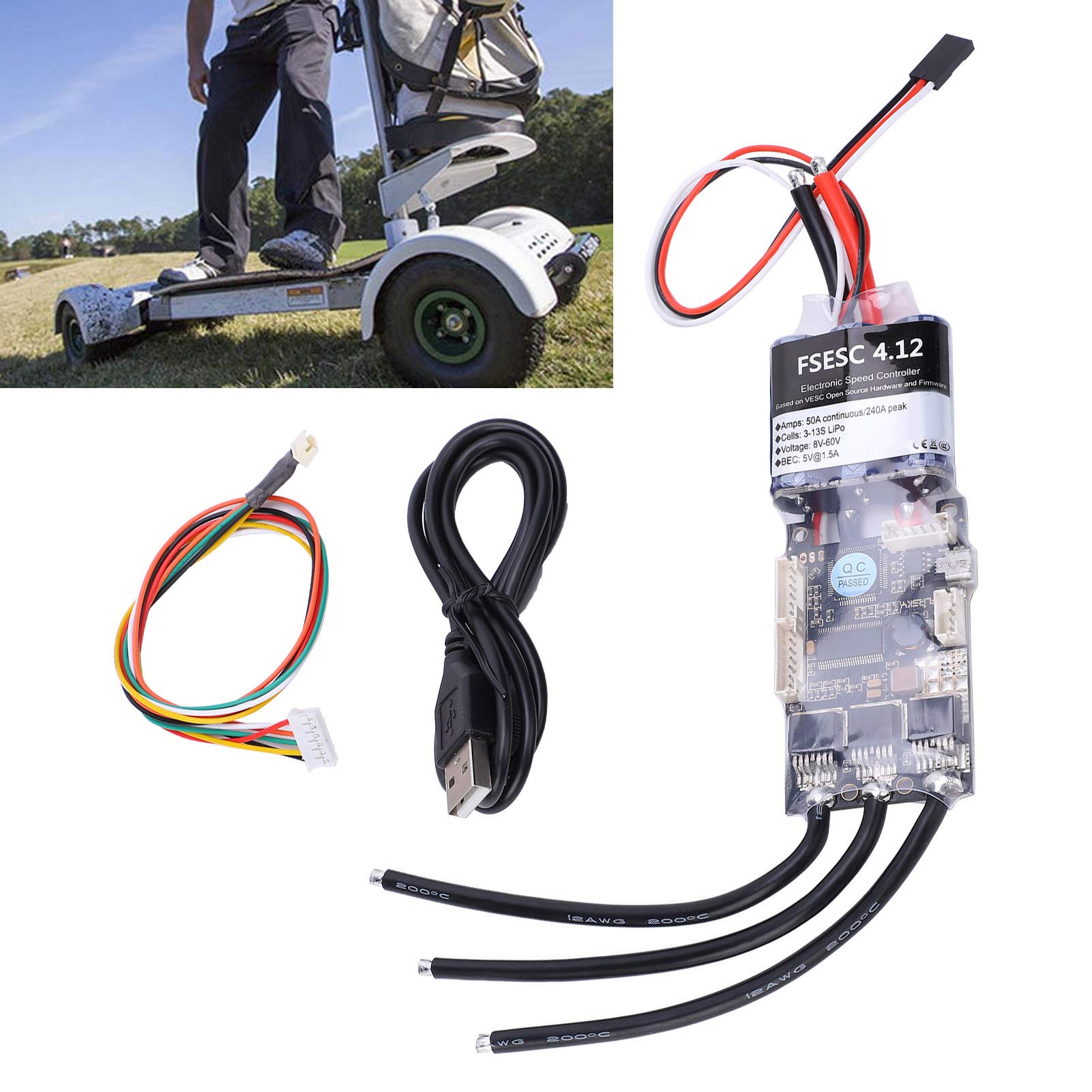 FTVOGUE Flipsky ESC V4.12 50A Hochstrom-Geschwindigkeitsregler, Kompatibel mit VESC Software, 8-60V, 40x60mm PCB, Aluminium-Kühlkörper, für Elektrische Steuerung