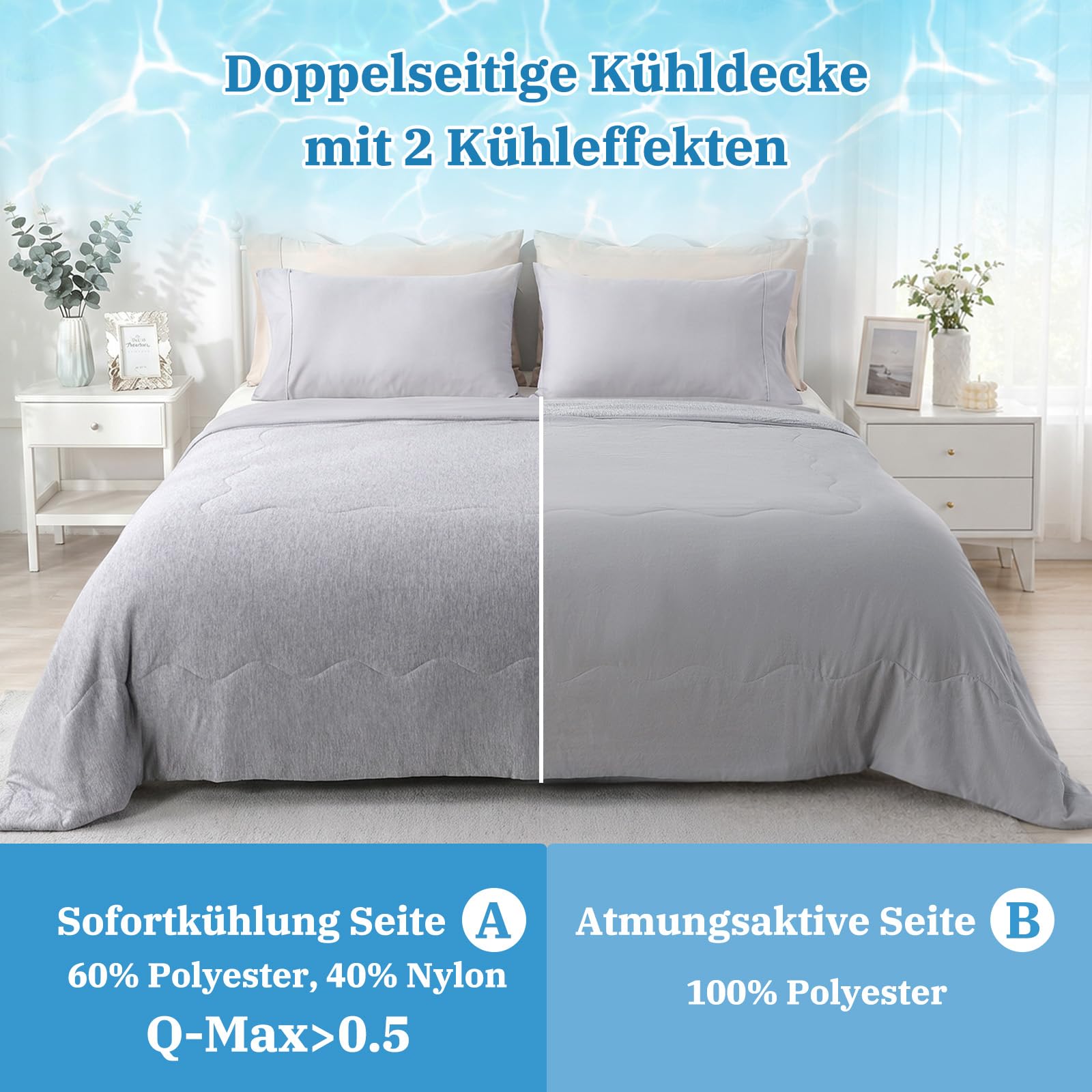 Kühldecke 200x220 cm, Arc-Chill Q-Max>0.5, Grau Doppelseitig Kühlende Bettdecke, Leichtgewicht, Atmungsaktiv, Leichte Sommerdecke zum schlafen Kühldecke für Sofa, Bett, Reisen