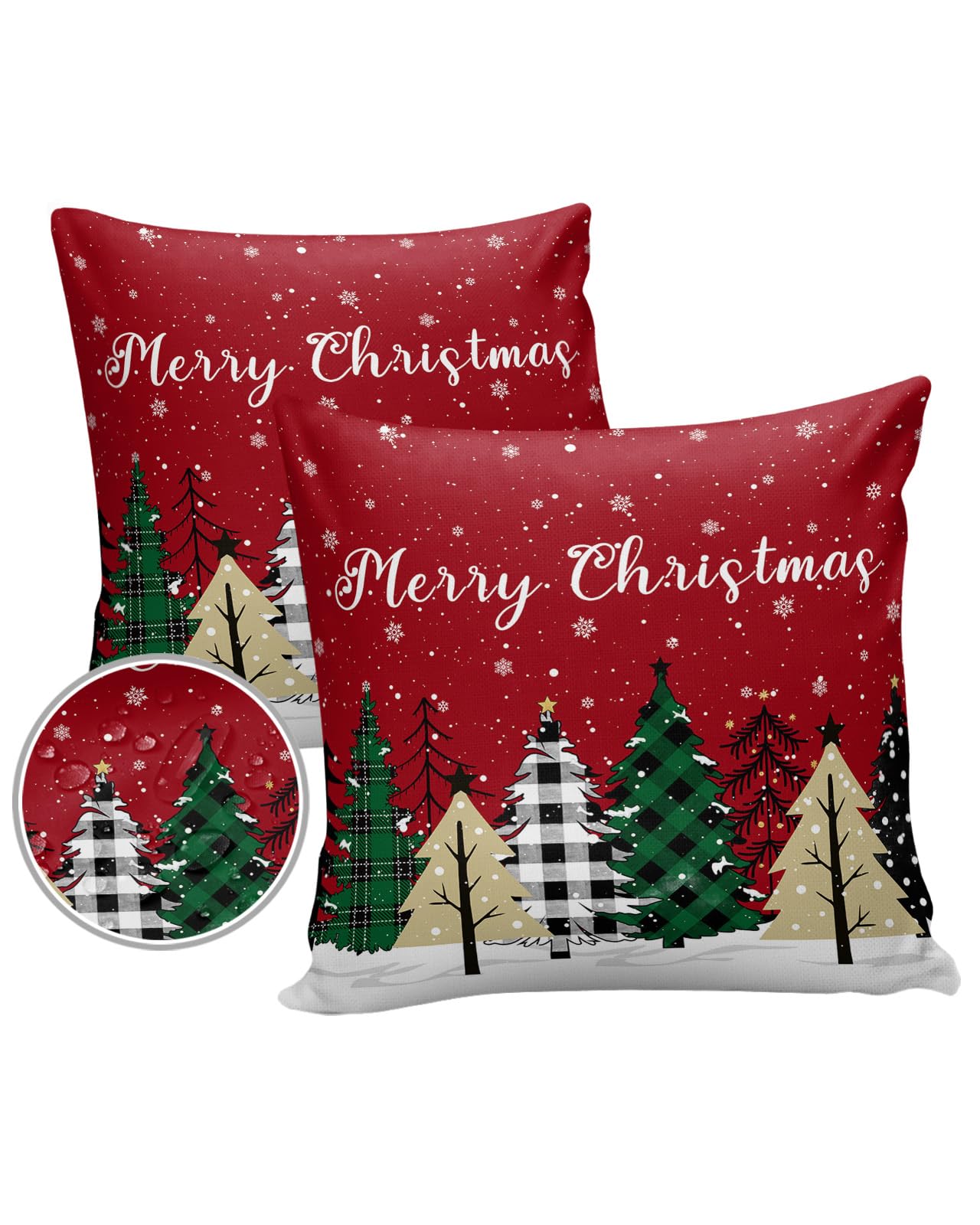 Outdoor Pillow Covers Waterproof, Christmas Tree All Weather Cushion Case Set of 2, Red Snowflake Buffalo Lattice Green Decorative Pillowcases for Sofa Couch Bed Decor Patio Furniture 18