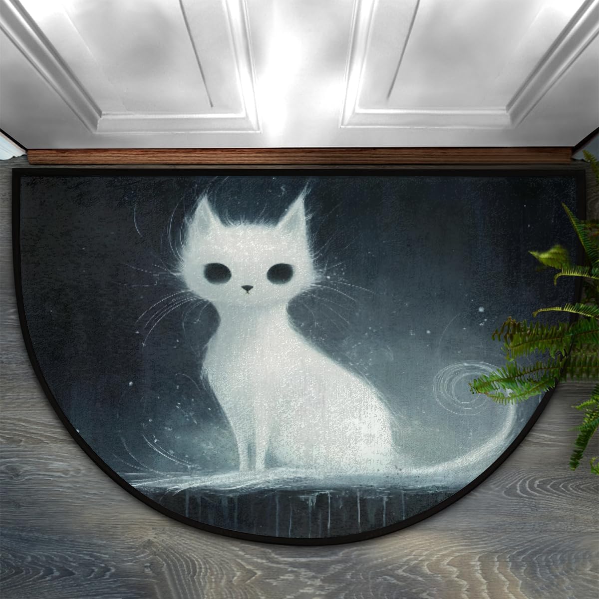 Pardick Cat Animal White Half Round Doormat Semi Circle Rug Non Slip Indoor Outdoor Entrance Half Moon Rug Absorbent Durable Washable Front Floor Mat for Kitchen Bathroom Patio Fireplace