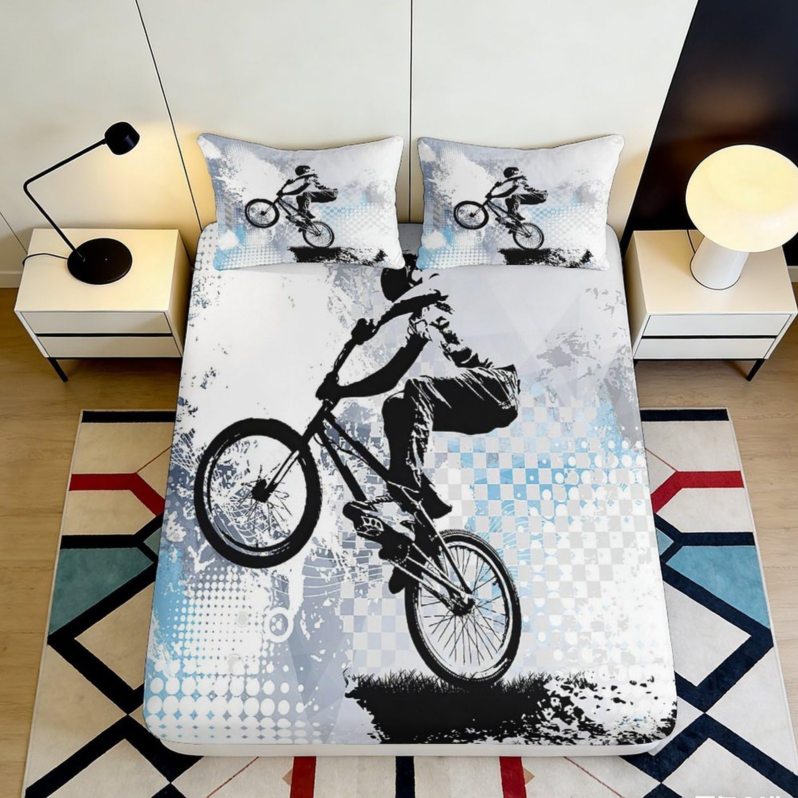 3D Printed BMX Rider Fitted Sheet Microfiber Soft Breathable Graffiti Bike Mattress Cover for Bedroom Dorm Decor 90x200x25cm