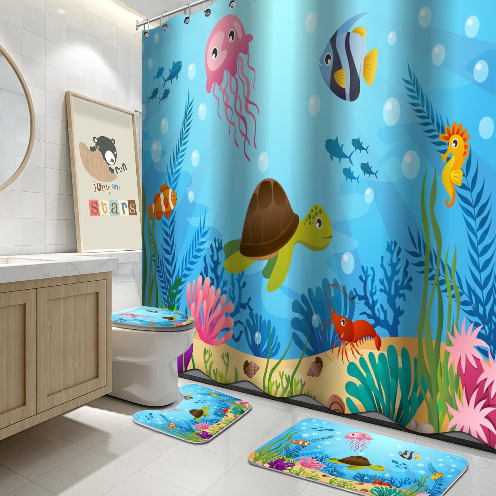 Ocean Theme Bath Decor Nautical Turtle Bathroom Set - Shower Curtain, Mats  \u0026 Accessories Ocean Theme Waterproof Shower Curtain, image size:1601x1601