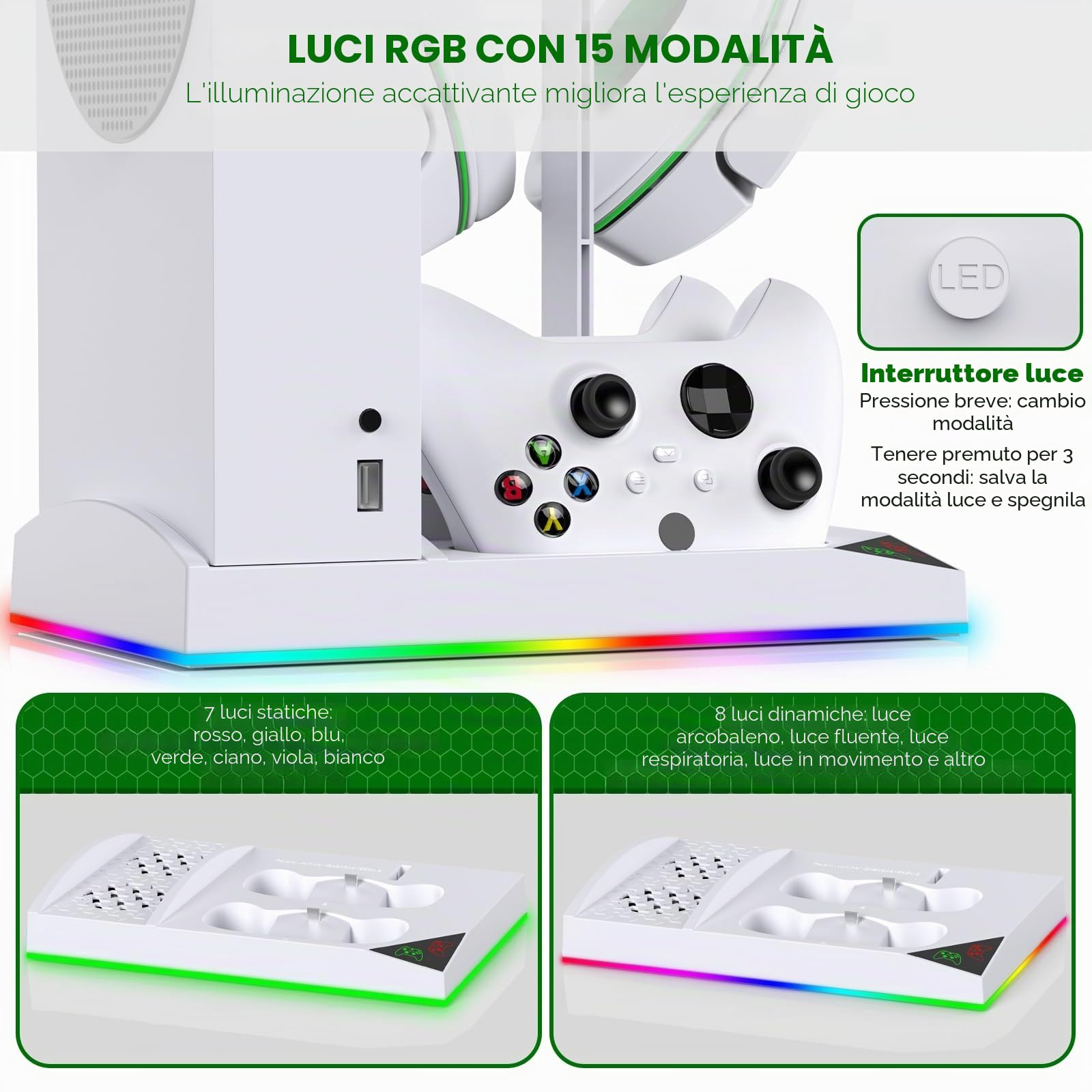 FYOUNG Upgrade - Supporto per ventola di raffreddamento RGB per console Xbox Series S con 15 luci colorate, Dual Controller stazione di ricarica per Xbox Series S, accessori con 2 batterie