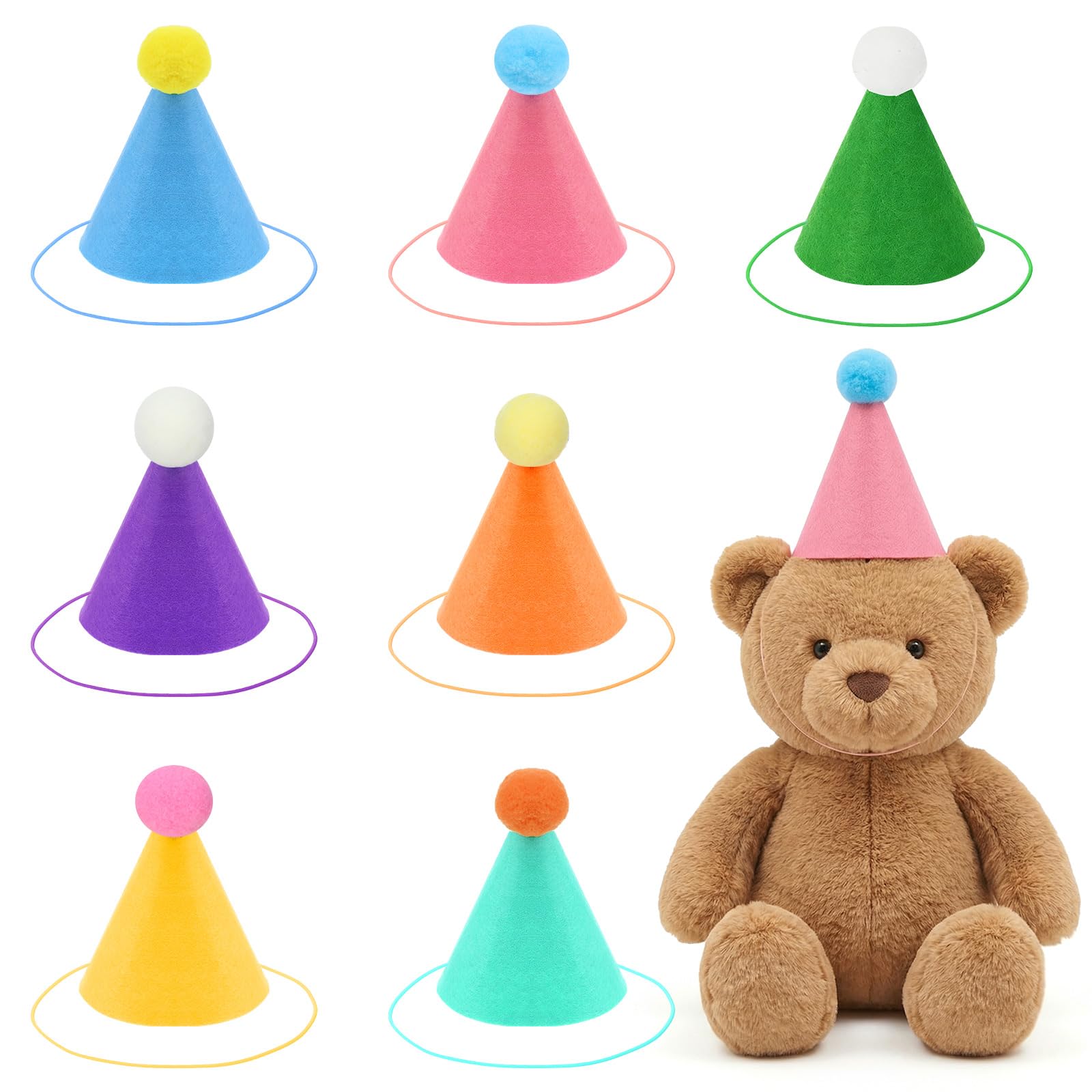 7 Pcs Mini Party Hats for Stuffed Animals Felt Colorful Birthday Party Hats with Pom Poms Multicolor Mini Cone Hat for Adults Stuffed Animals Cat Dog Rabbit Photo Props Birthday Decoration — image 1