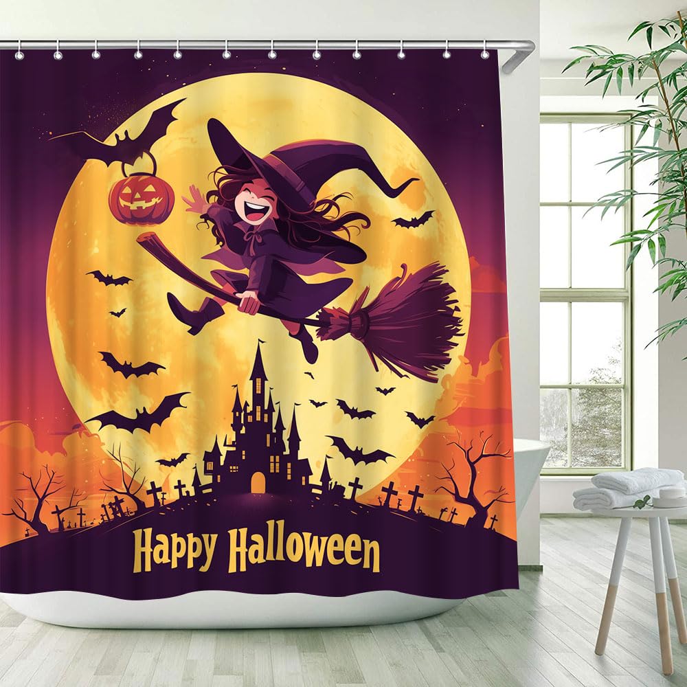 WUASDCS Halloween Duschvorhang – Grusel-Design Mit Schloss, Kürbissen & Wald, 180x180 Cm, Polyester