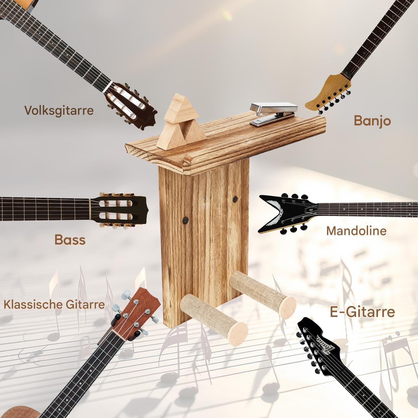 BestYiJo 2 soportes de pared para guitarras de madera, con estante y soporte para púas - Ajustable para acústica, guitarra eléctrica, bajo y ukelele - Juego de soportes para guitarra de madera maciza