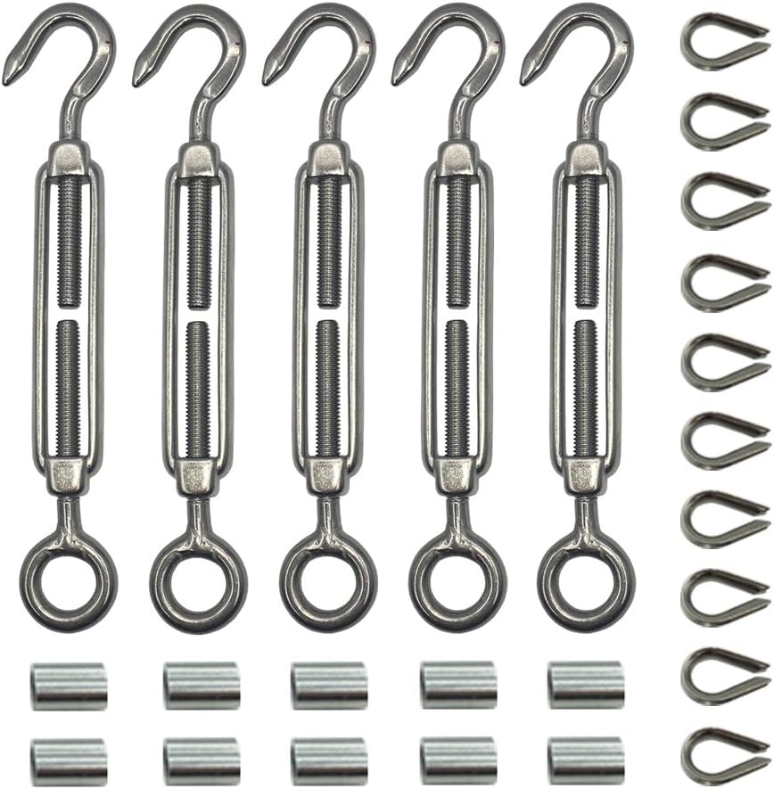 Amgate 5 PCS M5 Hook & Eye Turnbuckle + 10 PCS M3 Thimbles + 10 PCS Ferrules for 3/32" & 1/8" Wire Rope - Stainless Steel Wire Rope Tension For DIY Cable Railing Balustrade Kits