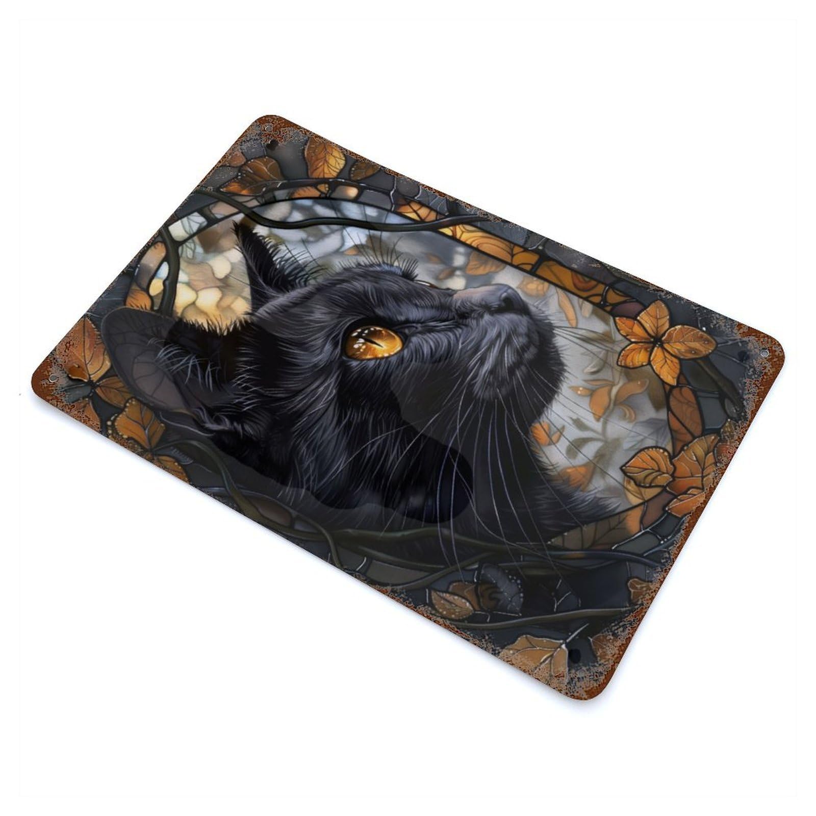 Black Cat Stained Glass Retro Metal Sign 11.8"x7.9", Classic Wall Plaque for Garage, Pub Or Kitchen
