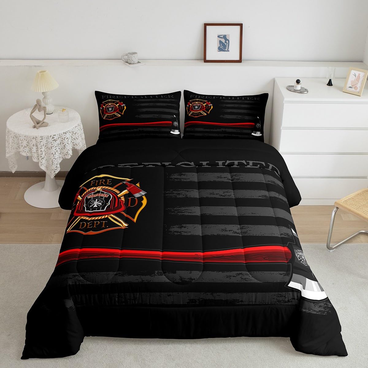 Firefighter Comforter Set Full Size,American Flag Geometric Stripes Bedding Set,Boys Girls Adults Room Decor,Fire Fighting Truck Tools Down Comforter,Red Black Fashion Duvet Insert,2 Pillowcases