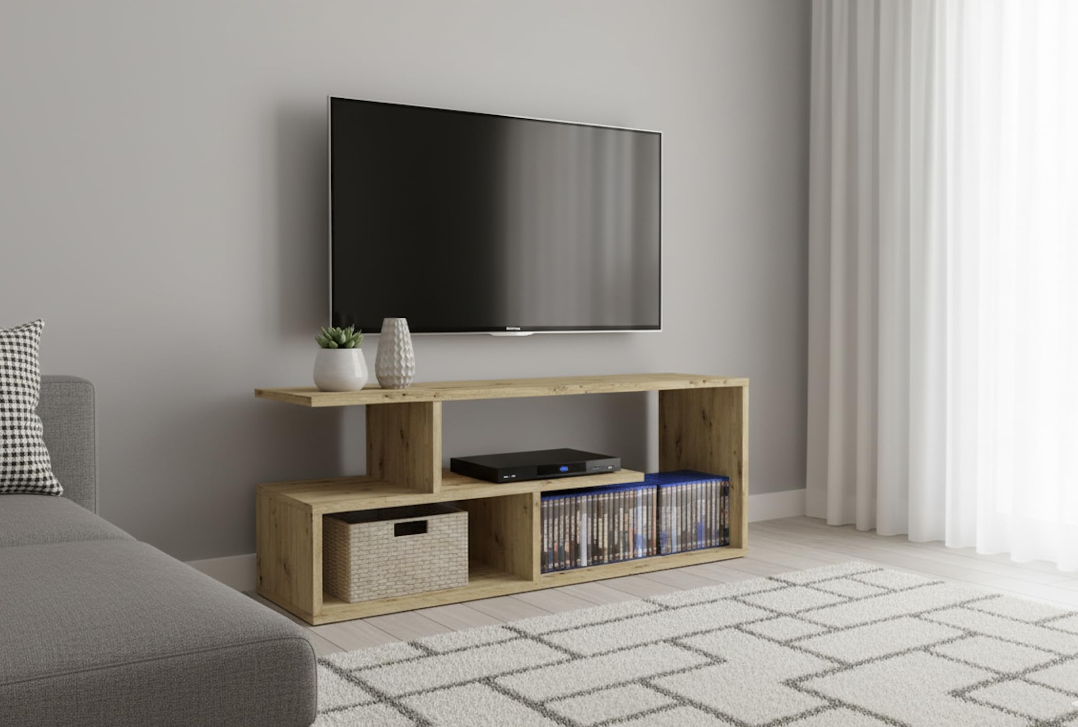 Shefa Eden - Soporte compacto para TV (100 cm, madera de roble Artisan, con estantes abiertos, pequeña mesa de consola de TV, centro de entretenimiento y unidad de TV para sala de estar o dormitorio)