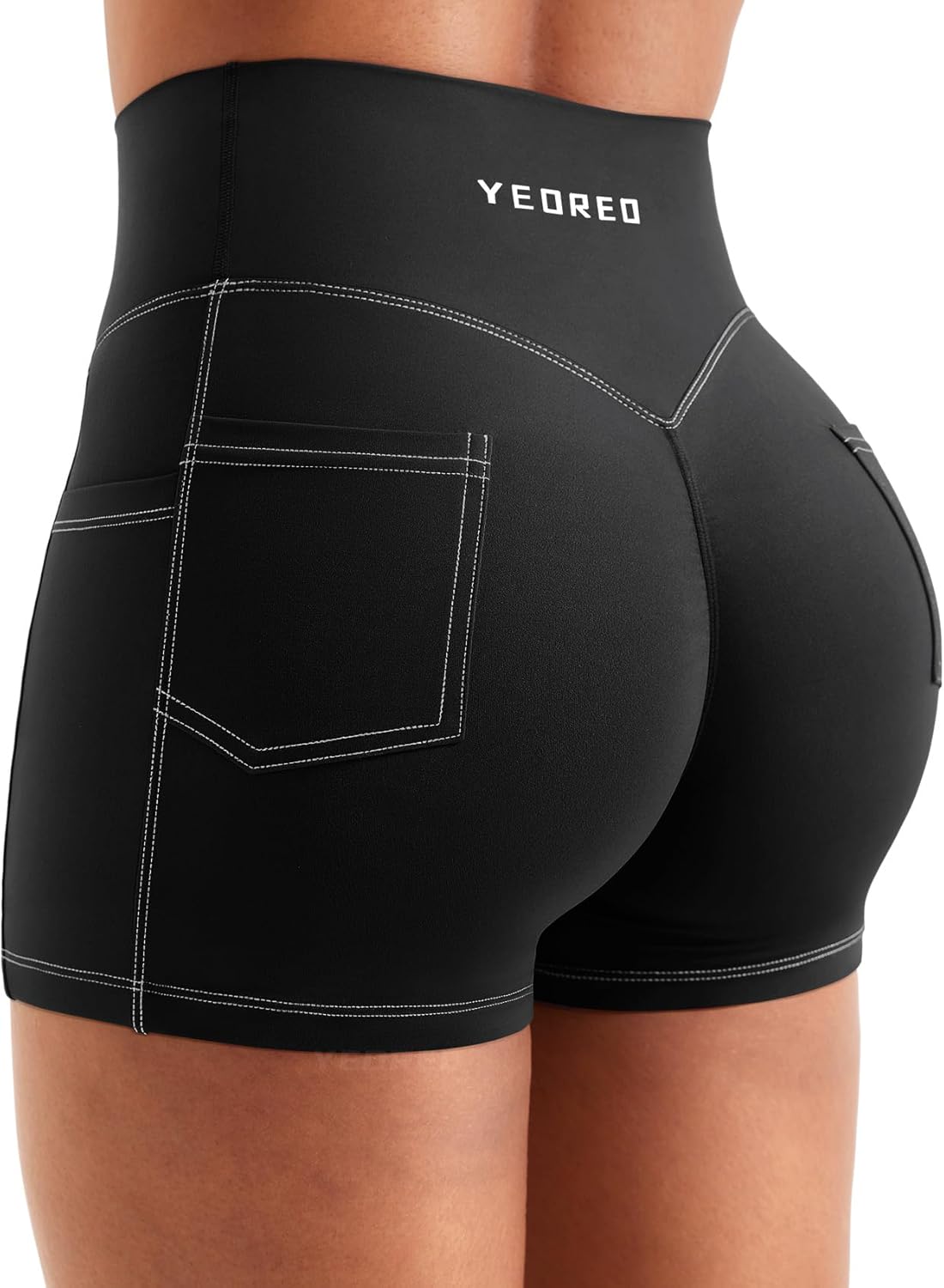 YEOREO CoreFlex Women Workout Shorts with Cargo Pockets Hidden Scrunch Butt Lifting Denim-Look Gym Shorts - Image 4