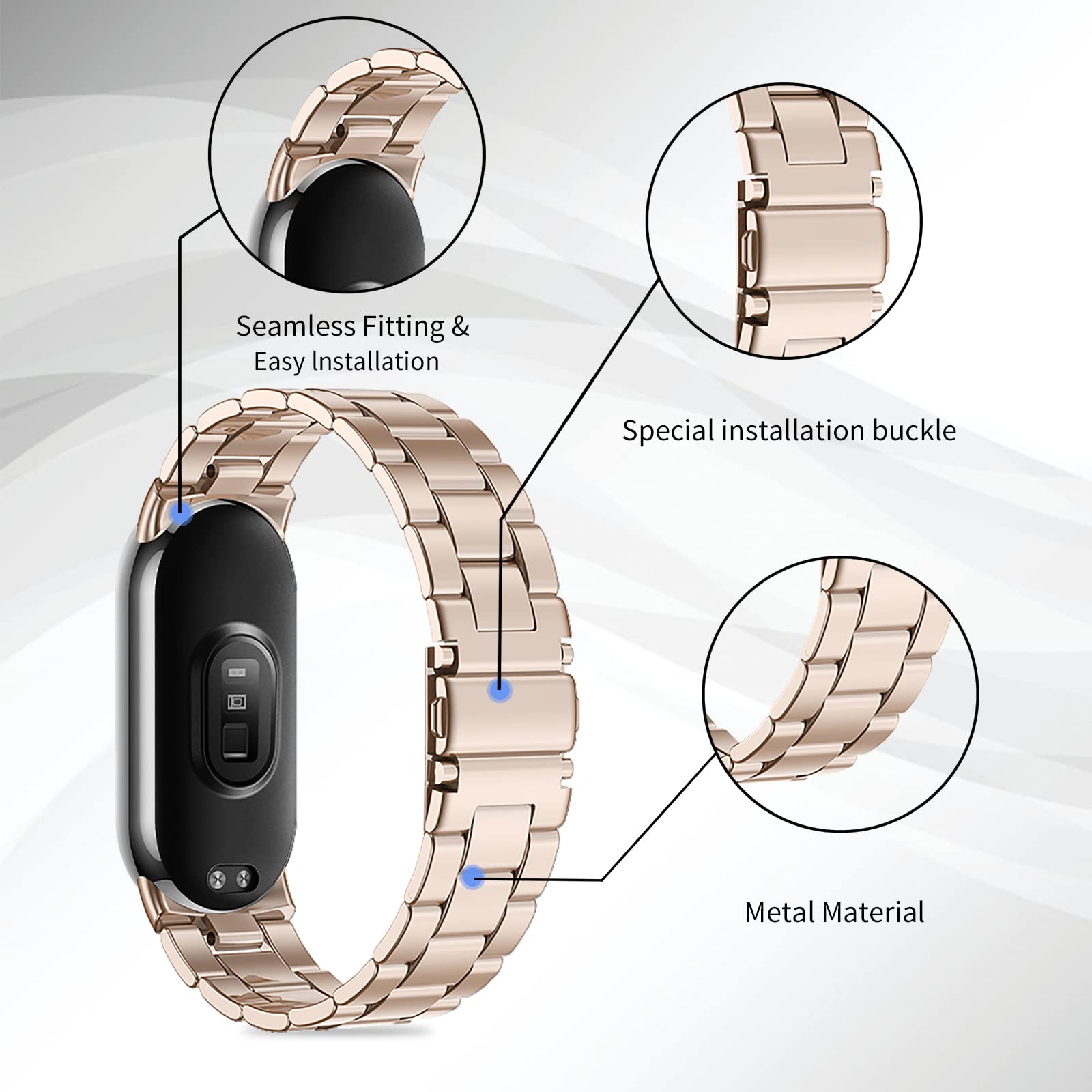 BDIG Strap Compatible for Xiaomi Mi Band 9/8, Stainless Steel Replacement Bracelet with Adjustable Buckle - Rose Gold - Image 3