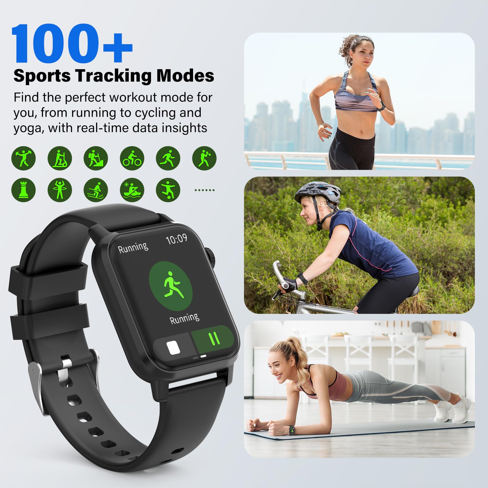 Smart Watch, 1.85" HD Display, 3D Dynamic Dial, 60Hz High Refresh, Bluetooth Calling, LED Flashlight, 100+ Sports Modes (Black)