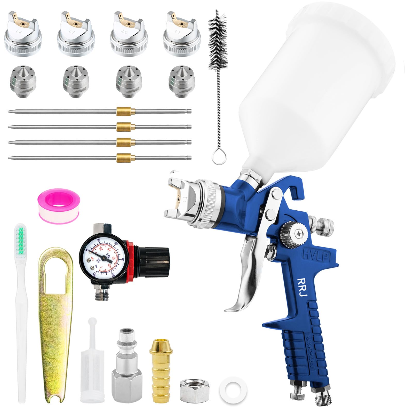 HVLP Pistolet à peinture professionnel avec 4 buses de 1,4/1,7/2,0/2,5 mm, pistolet à peinture professionnel avec gobelet en plastique de 600 ml, manomètre (bleu)